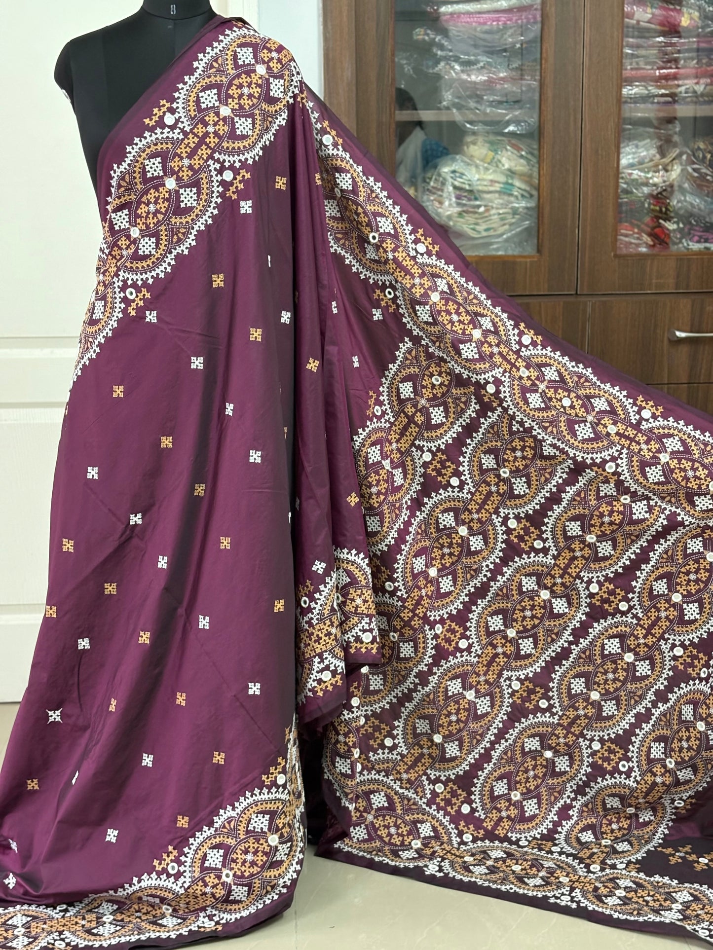 Mirror work Gujrati Stitch/Kutch Hand Embroidered Art Silk Saree