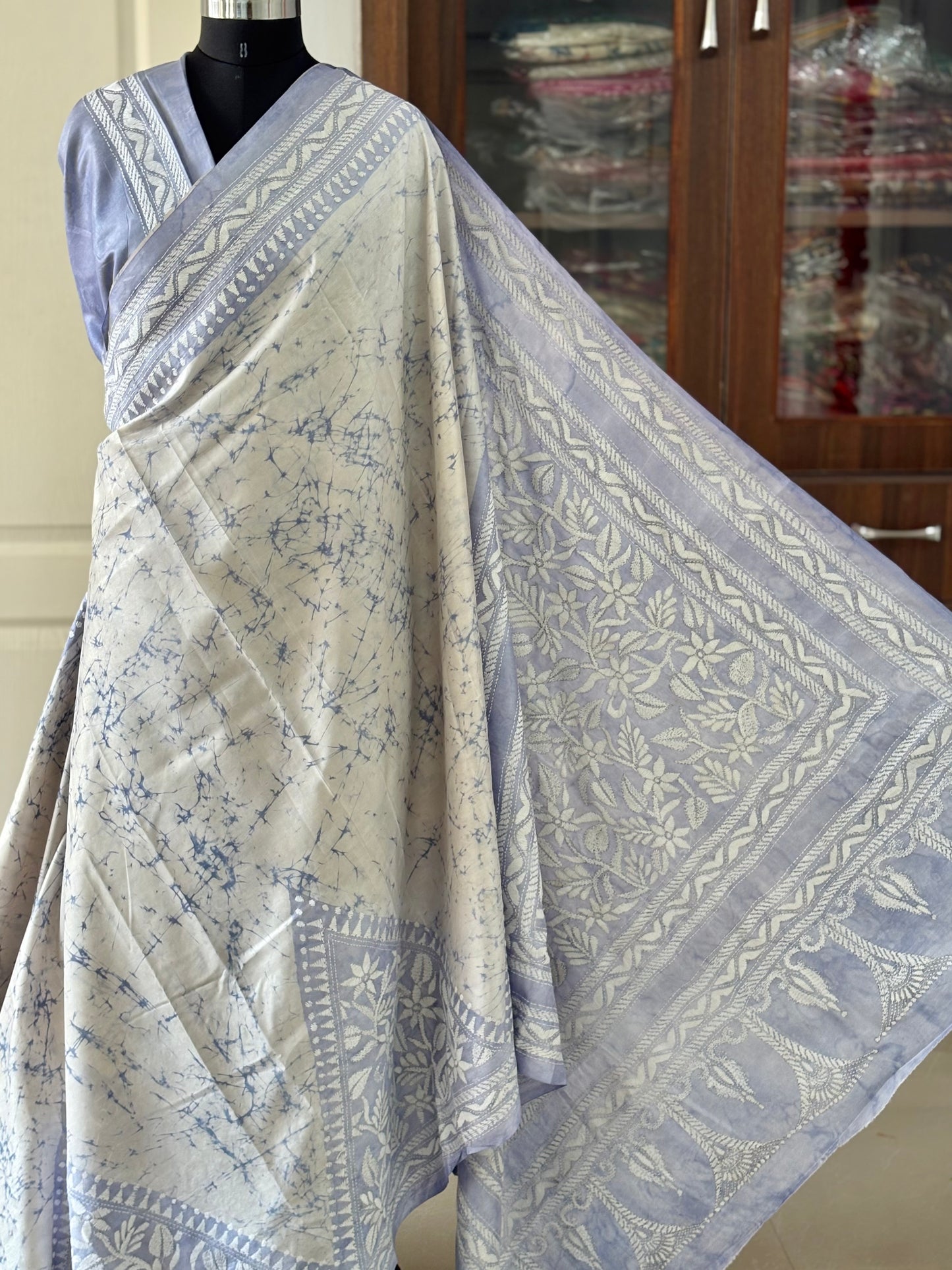 Kantha Stitch Hand Work Embroidered Art Silk Saree With Blouse