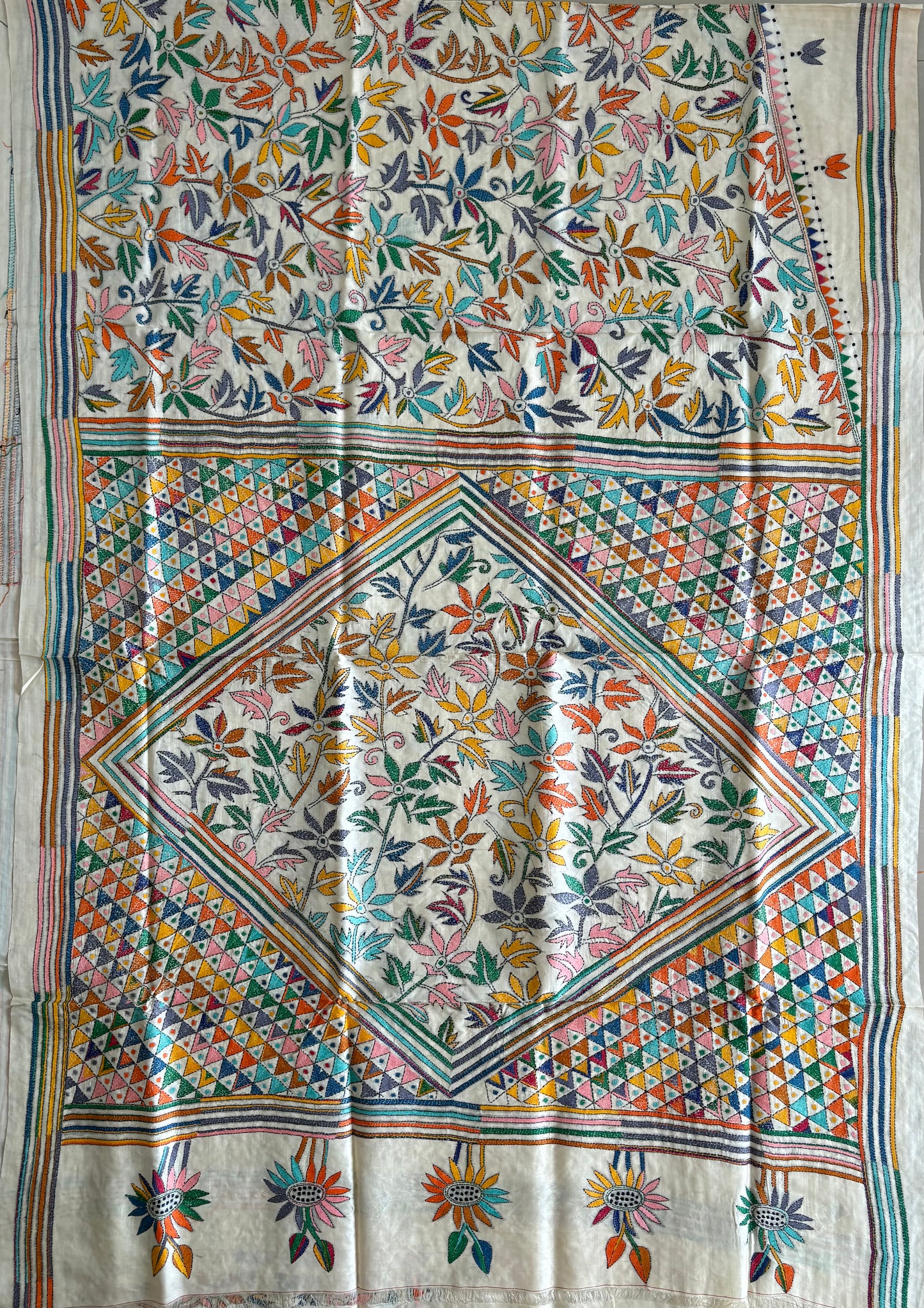 Off White Kantha Hand Embroidered Pure Tassar Silk Saree