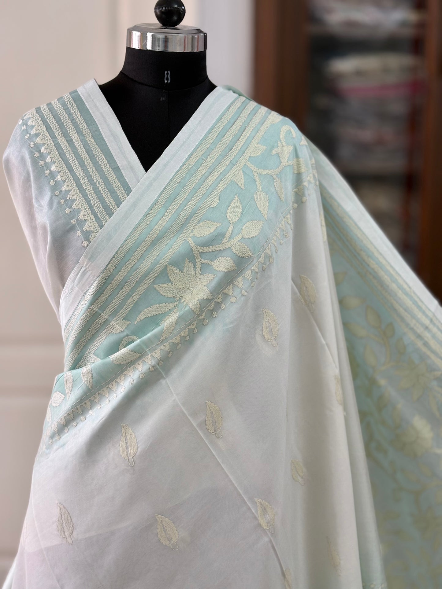 Hand work Kantha stitch Saree in Artificial silk