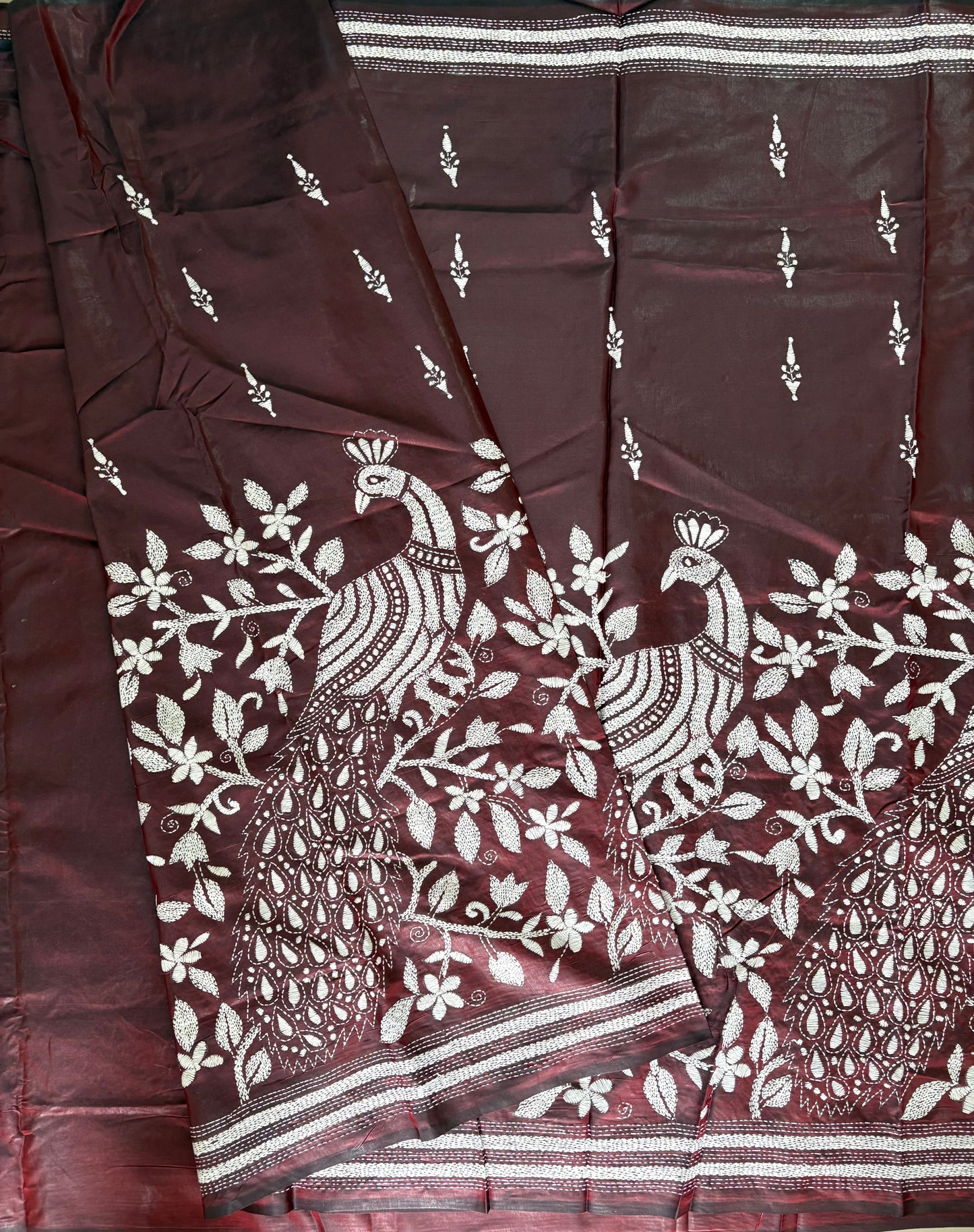 Kantha Hand Work Embroidered Art Silk Saree With Blouse