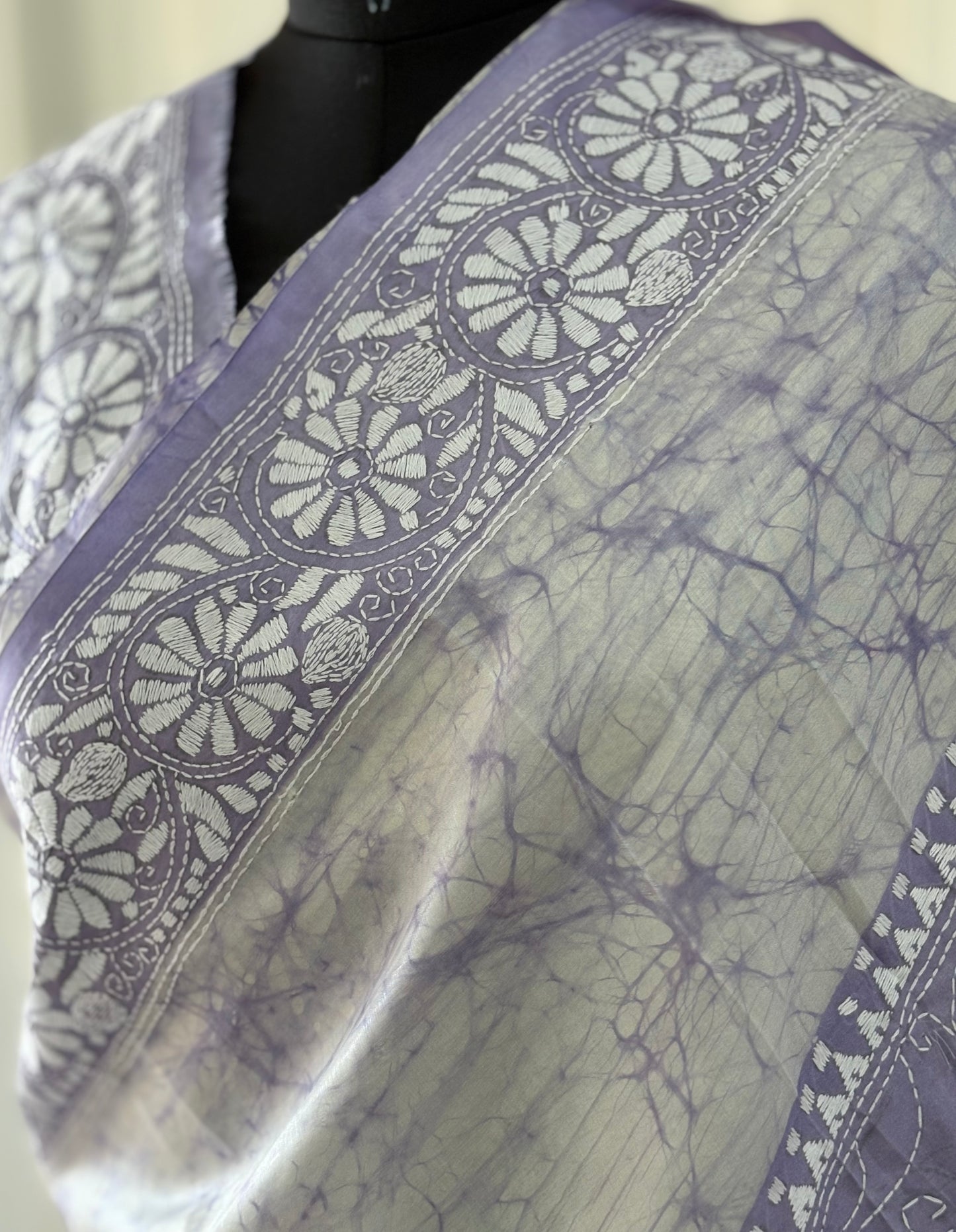 Kantha Stitch Hand Embroidered Art Silk Saree With Blouse