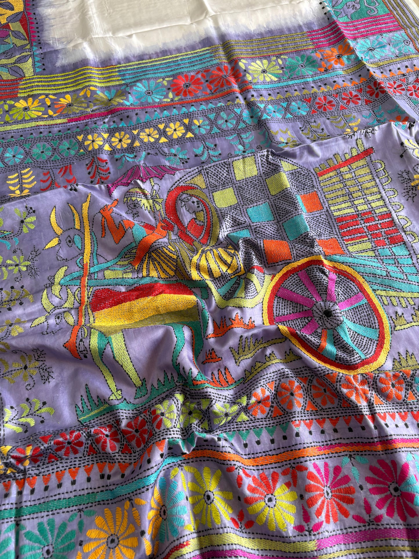 Hand work Kantha stitch Saree in Artificial silk