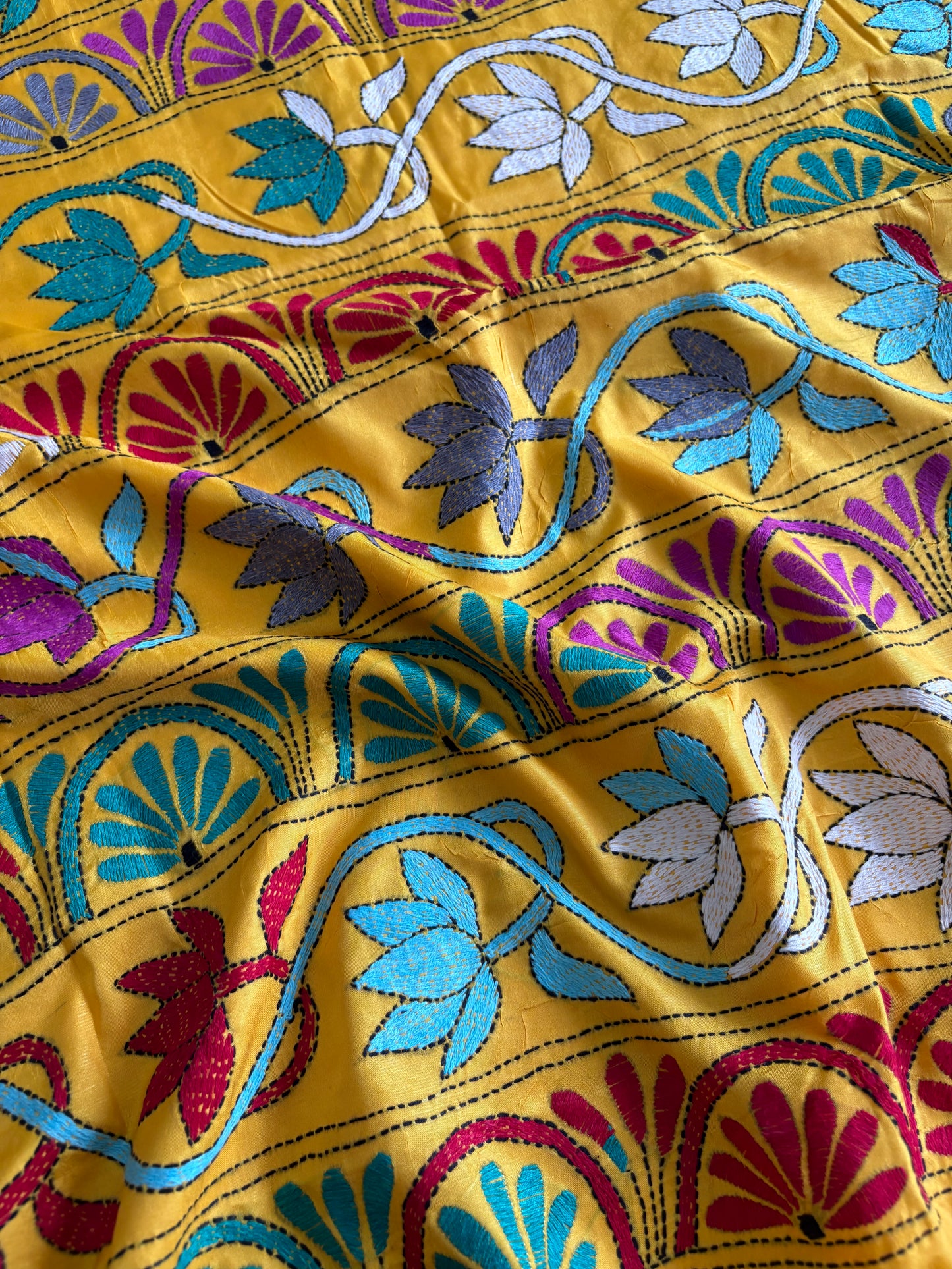 Kantha Hand Embroidered Blended Banglore Silk/Art Silk Saree With Blouse