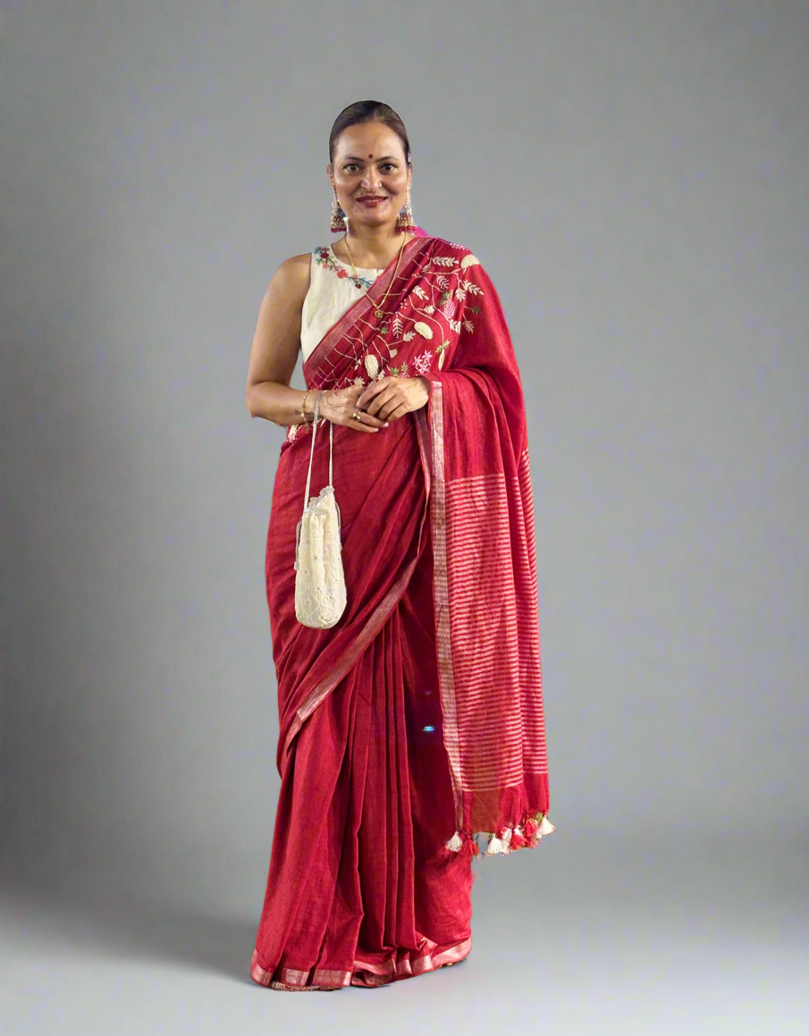 Pure Linen Saree With running Blouse - Red