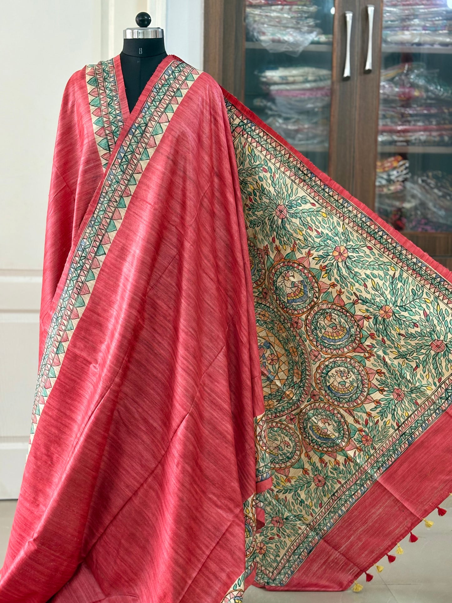 Pure Tussar Ghicha Silk Handcrafted Madhubani Saree (Silk Marked)