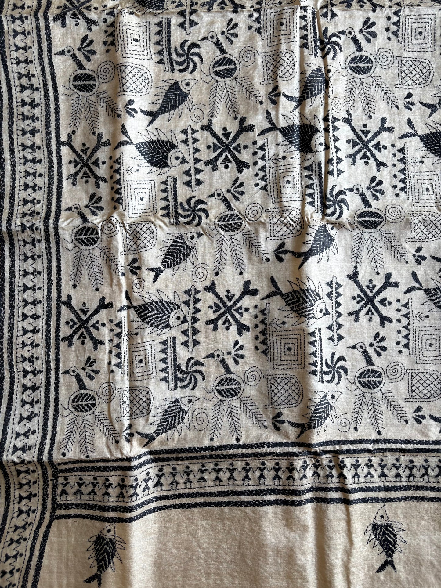 Kantha Stitch Hand Embroidered Pure Gachi Tussar Silk Saree (Silk Marked)