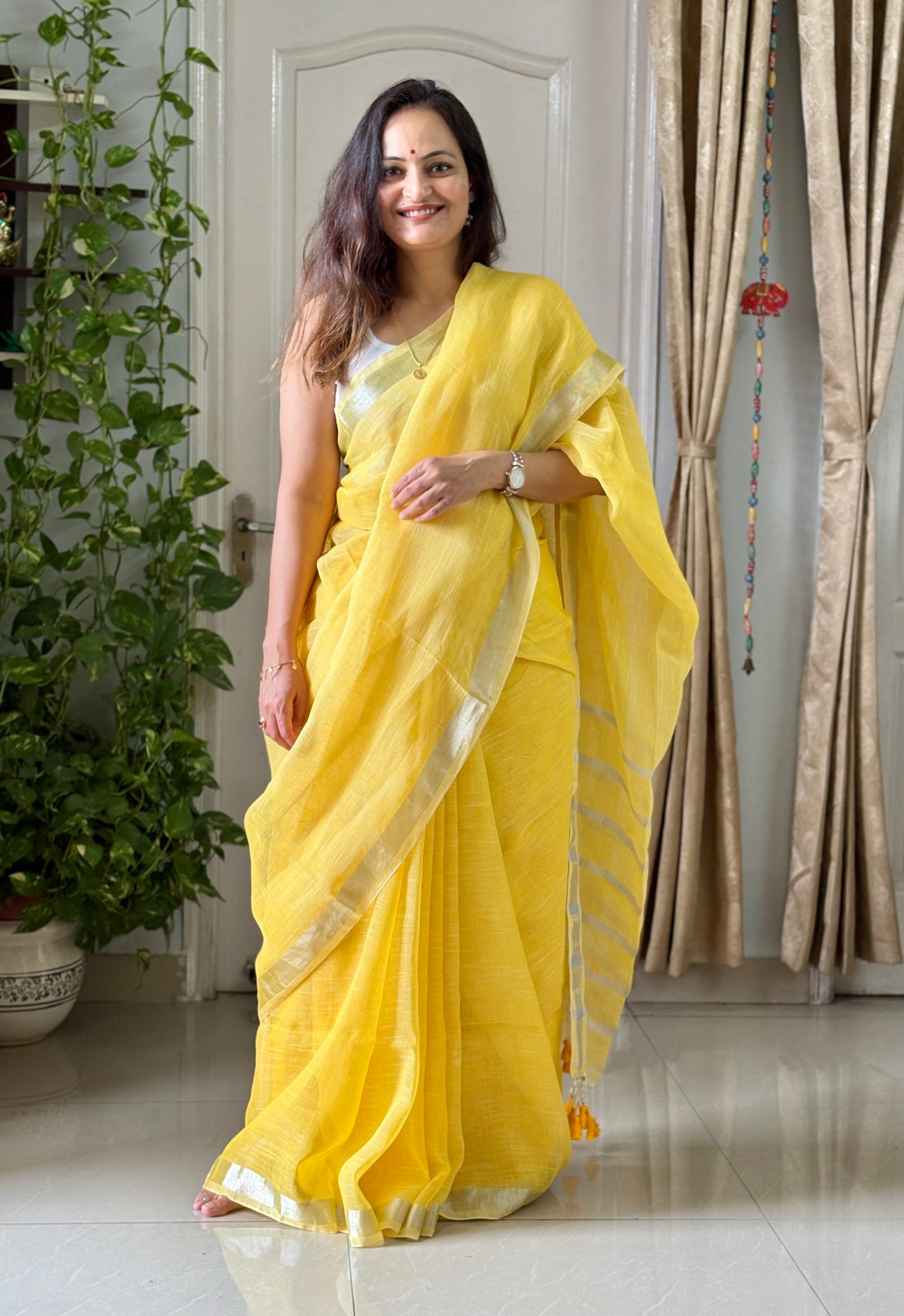 Linen By Linen Saree With Blouse - yellow