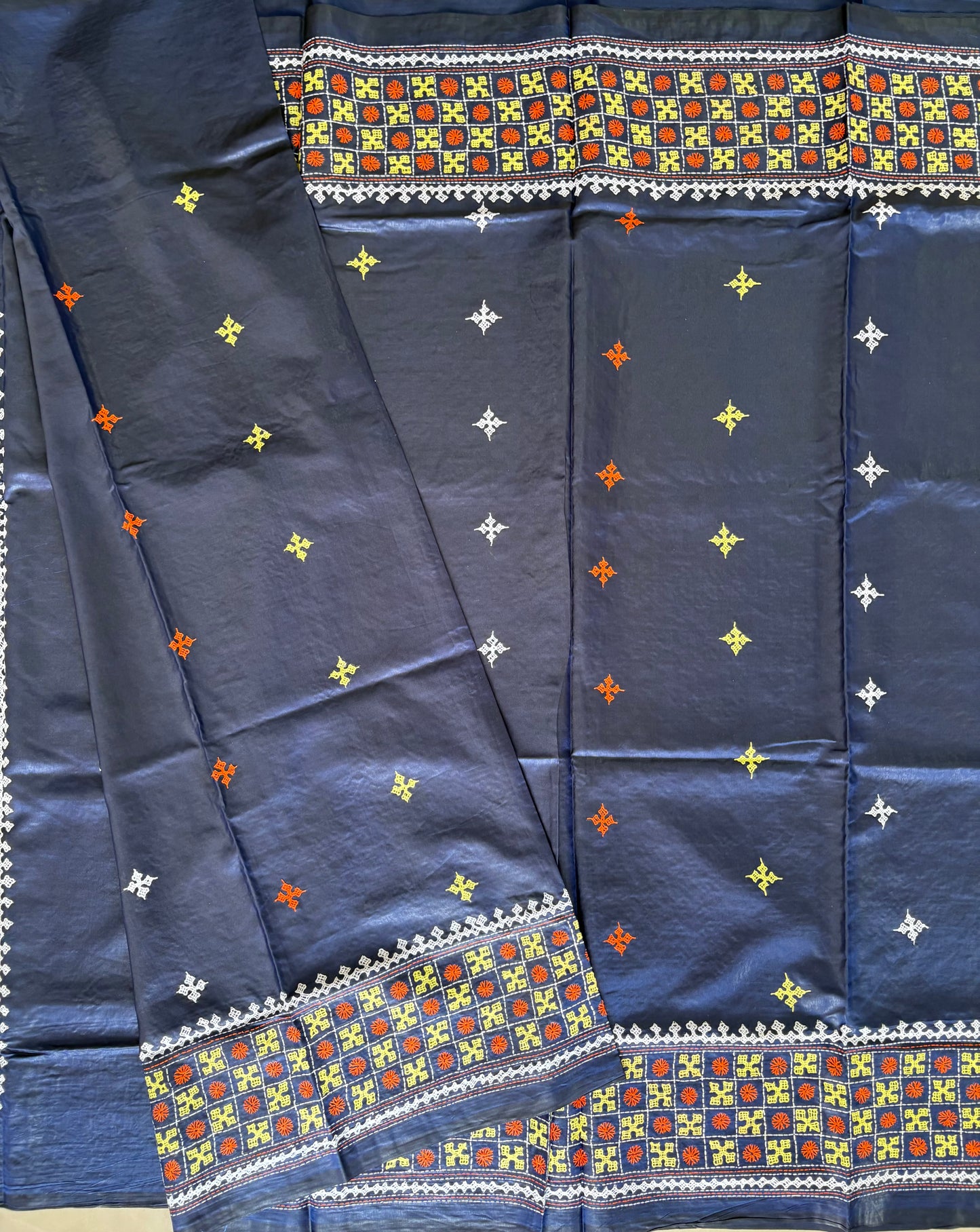 Gujrati Stitch/Kutch Hand Embroidered Art Silk Saree