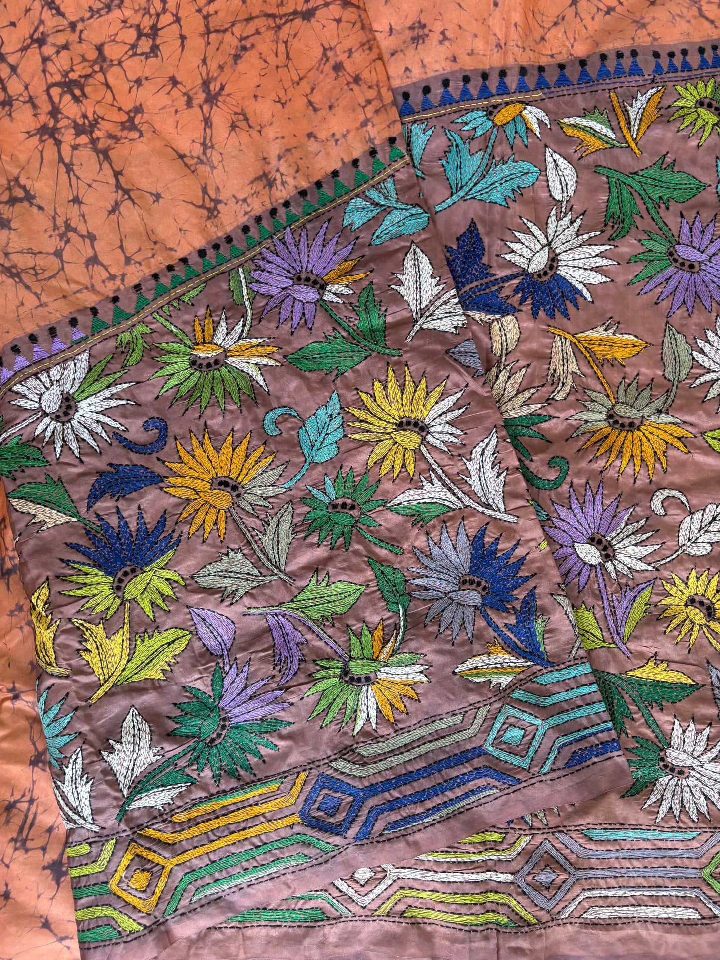 Kantha Hand Embroidered Hand Batik Art Silk Saree With Blouse