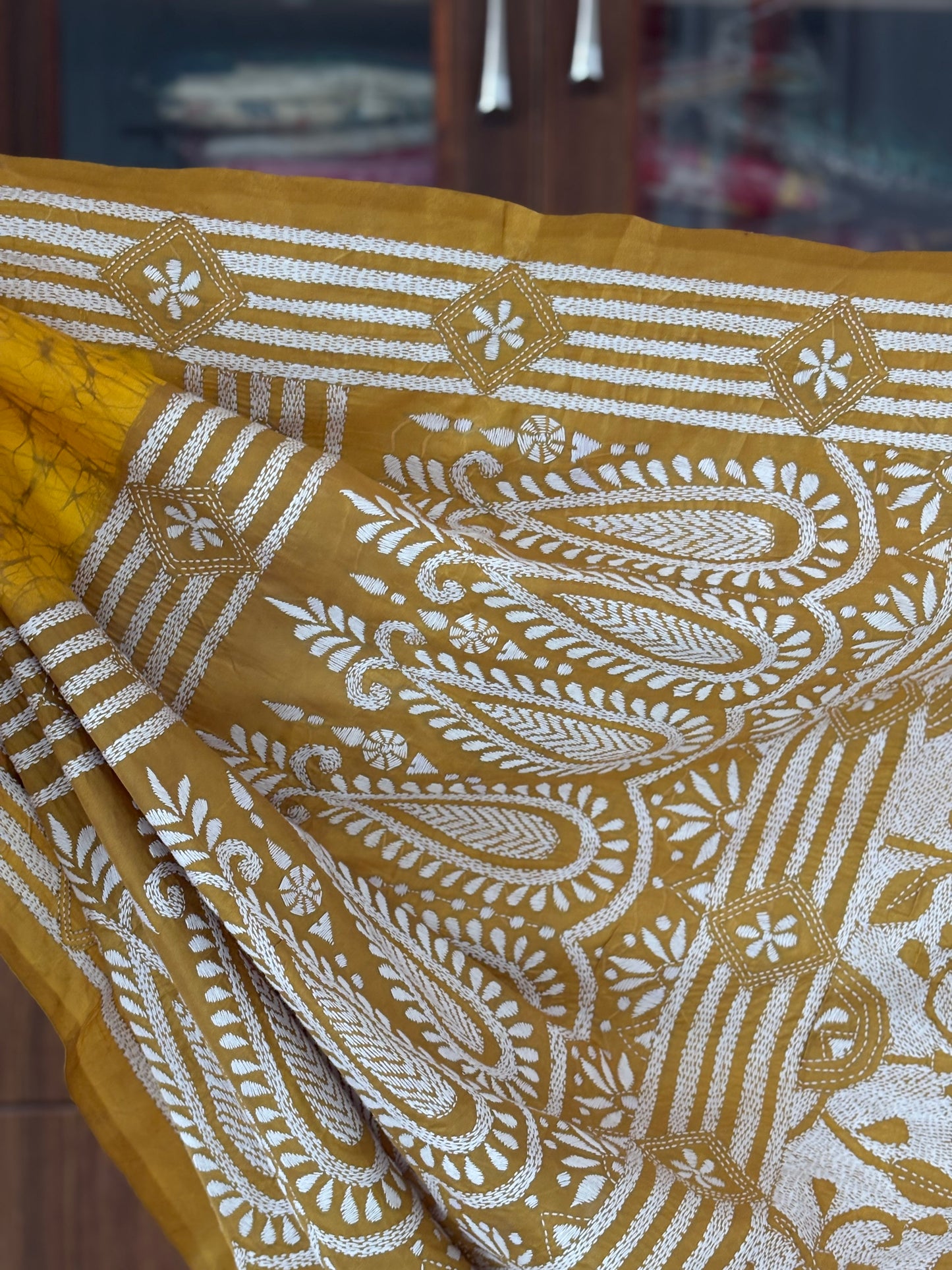 Kantha Hand Embroidered Hand Batik Art Silk Saree With Blouse