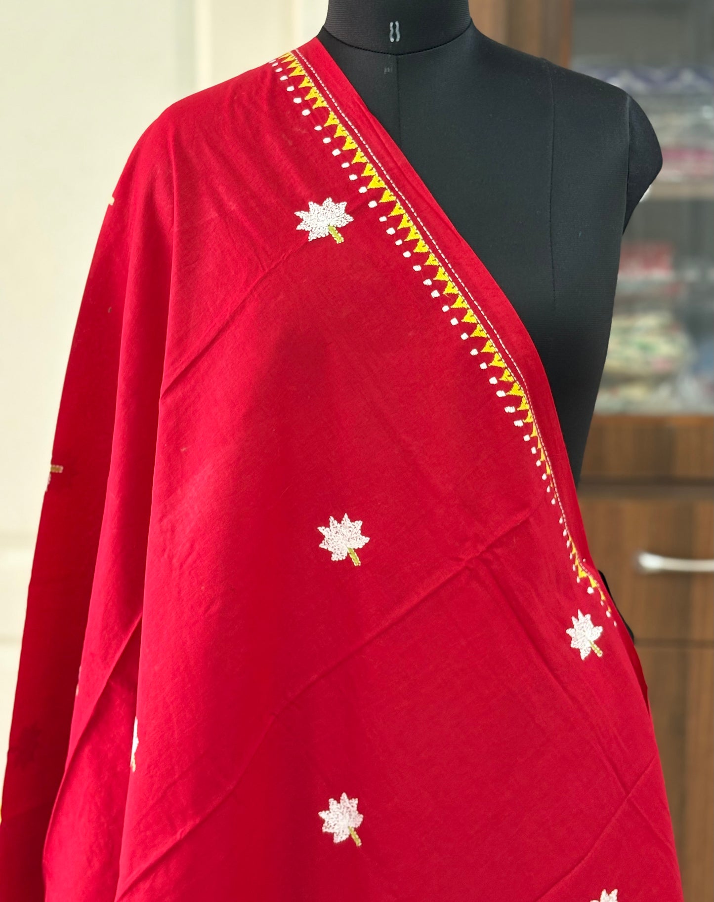 Kantha Hand Embroidary Full Work Pure Cotton Dupatta- Red “36”