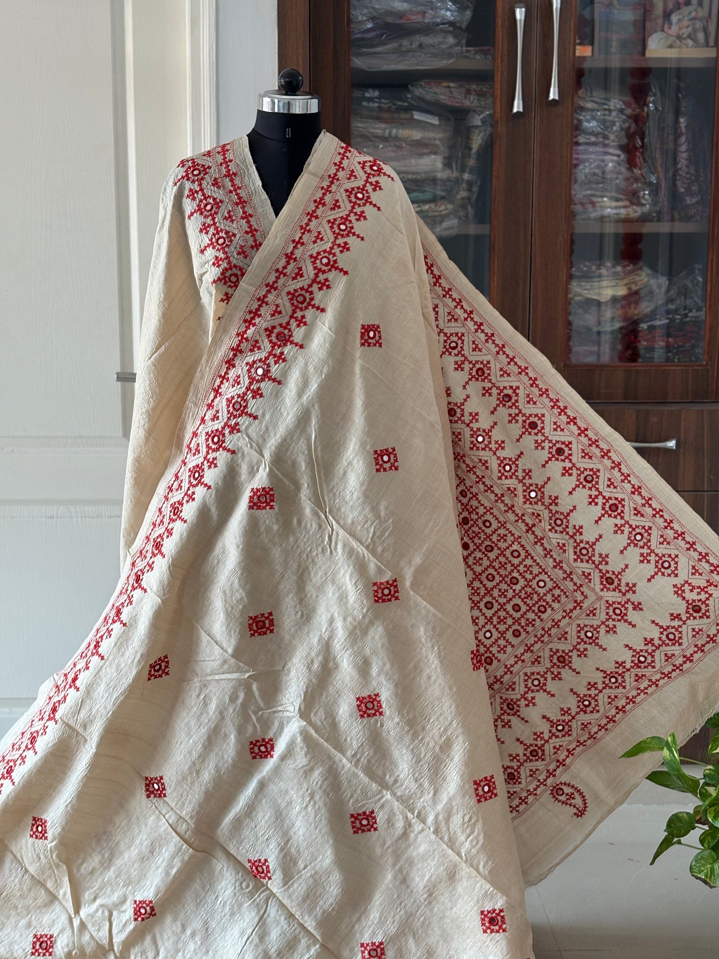 Kutch Hand Embroidered Pure Gachi Tassar Silk Saree with real mirror work