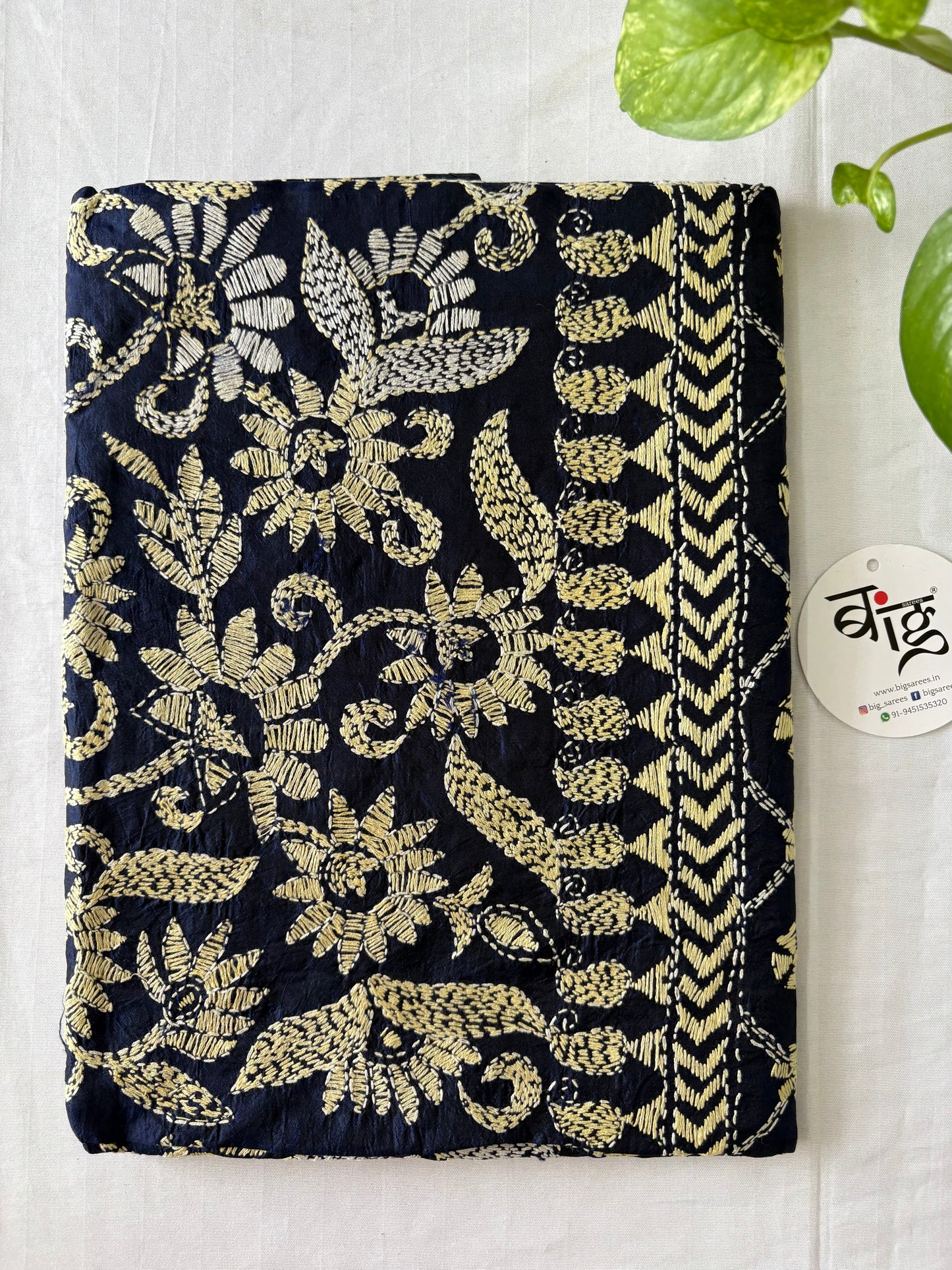 Kantha Stitch Hand Embroidary Full Work Pure Banglore Silk Dupatta - Navy Blue