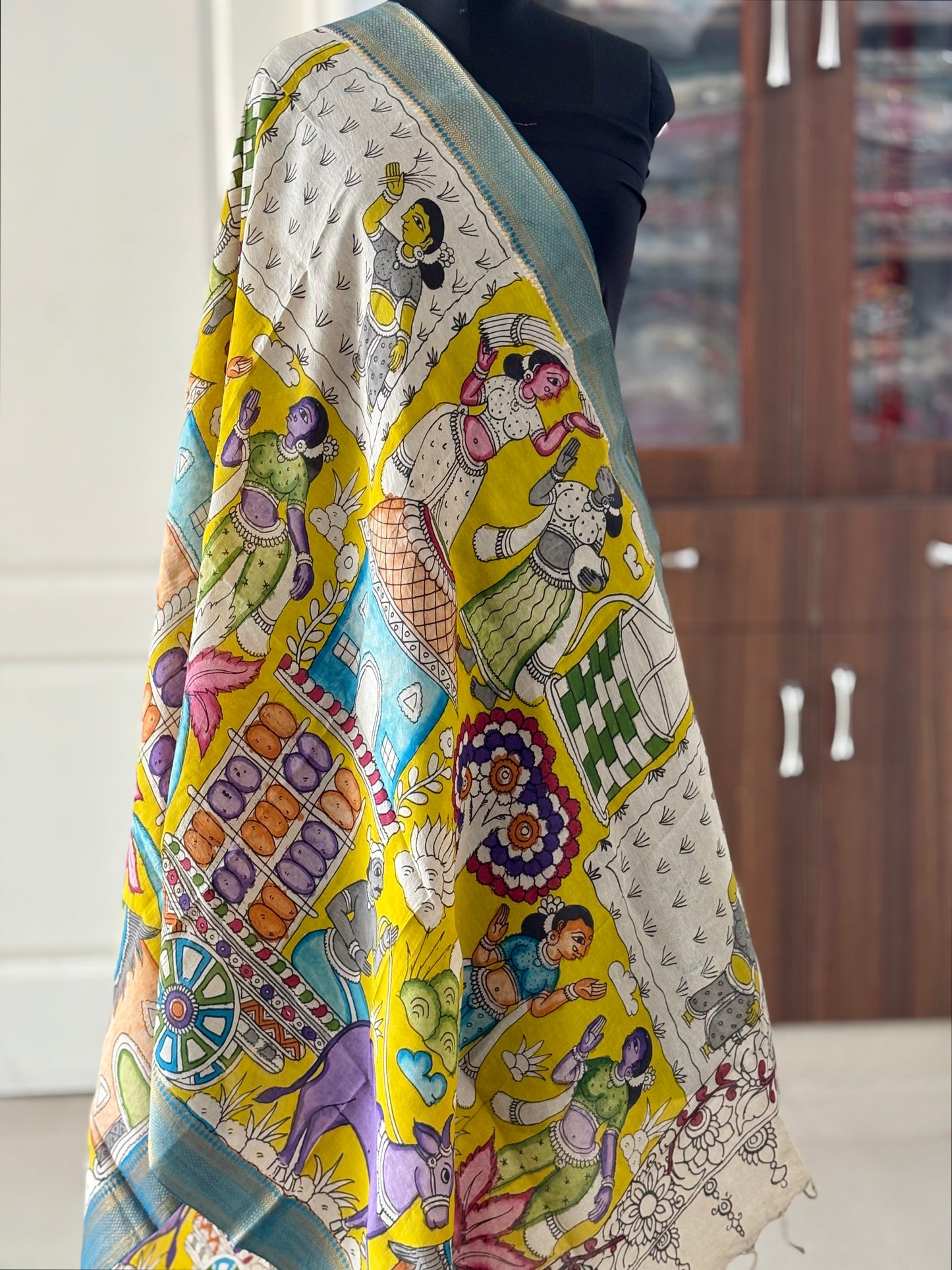 Pen Kalamkari hand painted Banglore Silk Dupatta