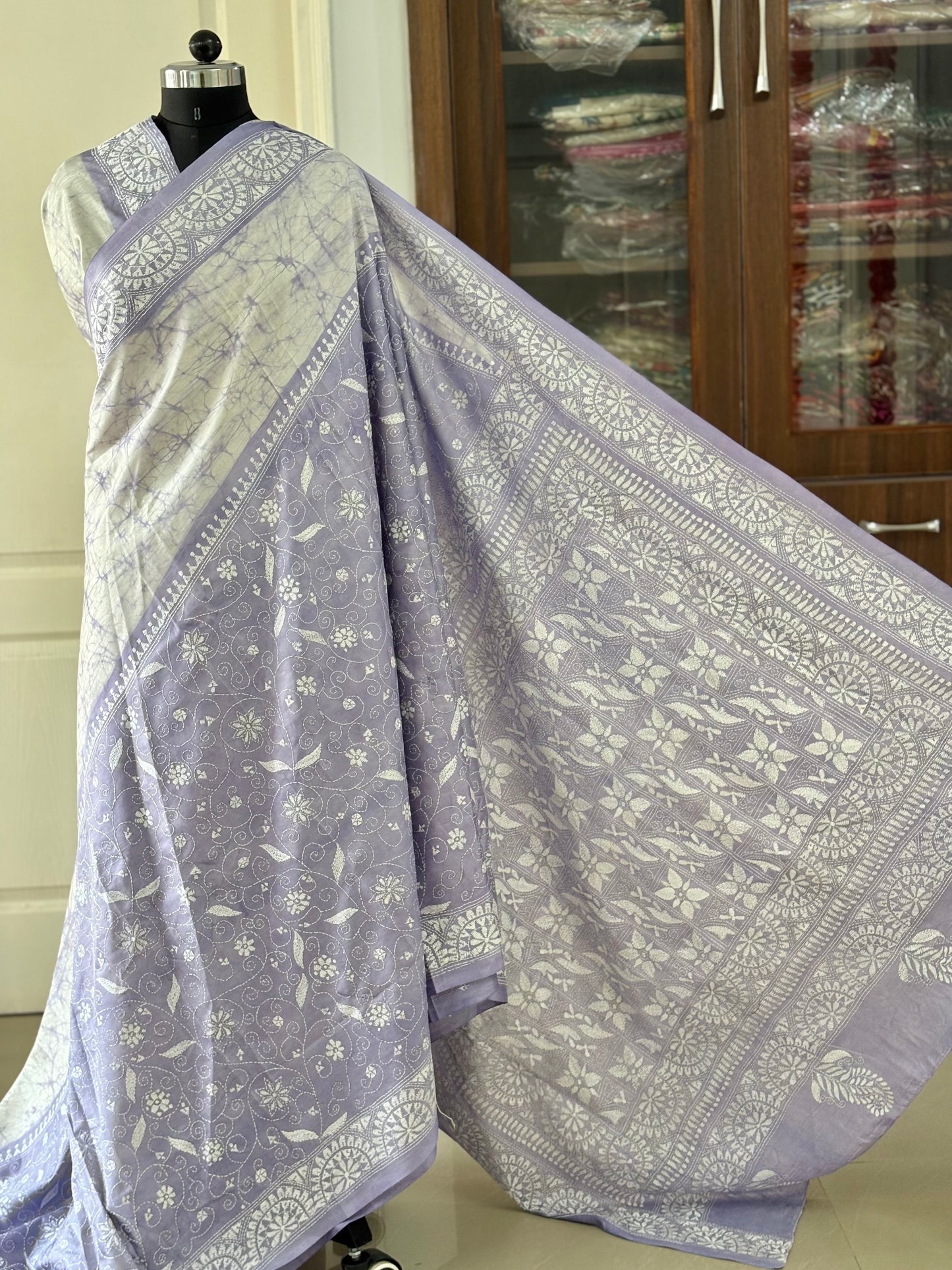 Kantha Stitch Hand Work Embroidered Art Silk Saree With Blouse