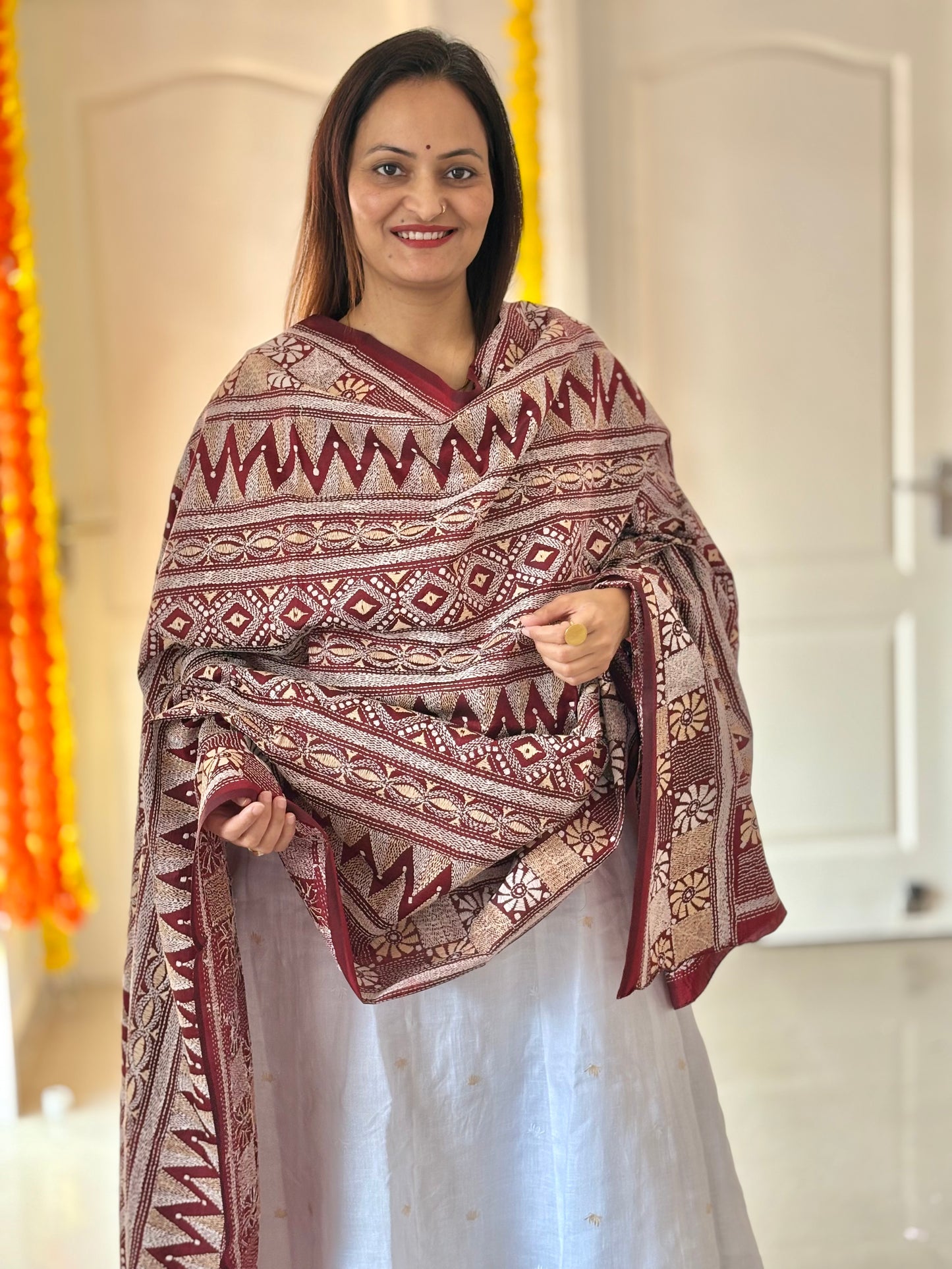Kantha Hand Embroidary Full Work Pure Banglore Silk Dupatta. (With Silk Mark)
