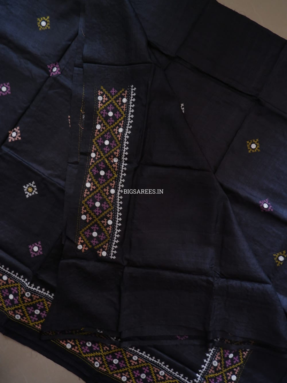 Kutchi Hand Embroidered Saree | Tassar Silk | Silk Marked | Black