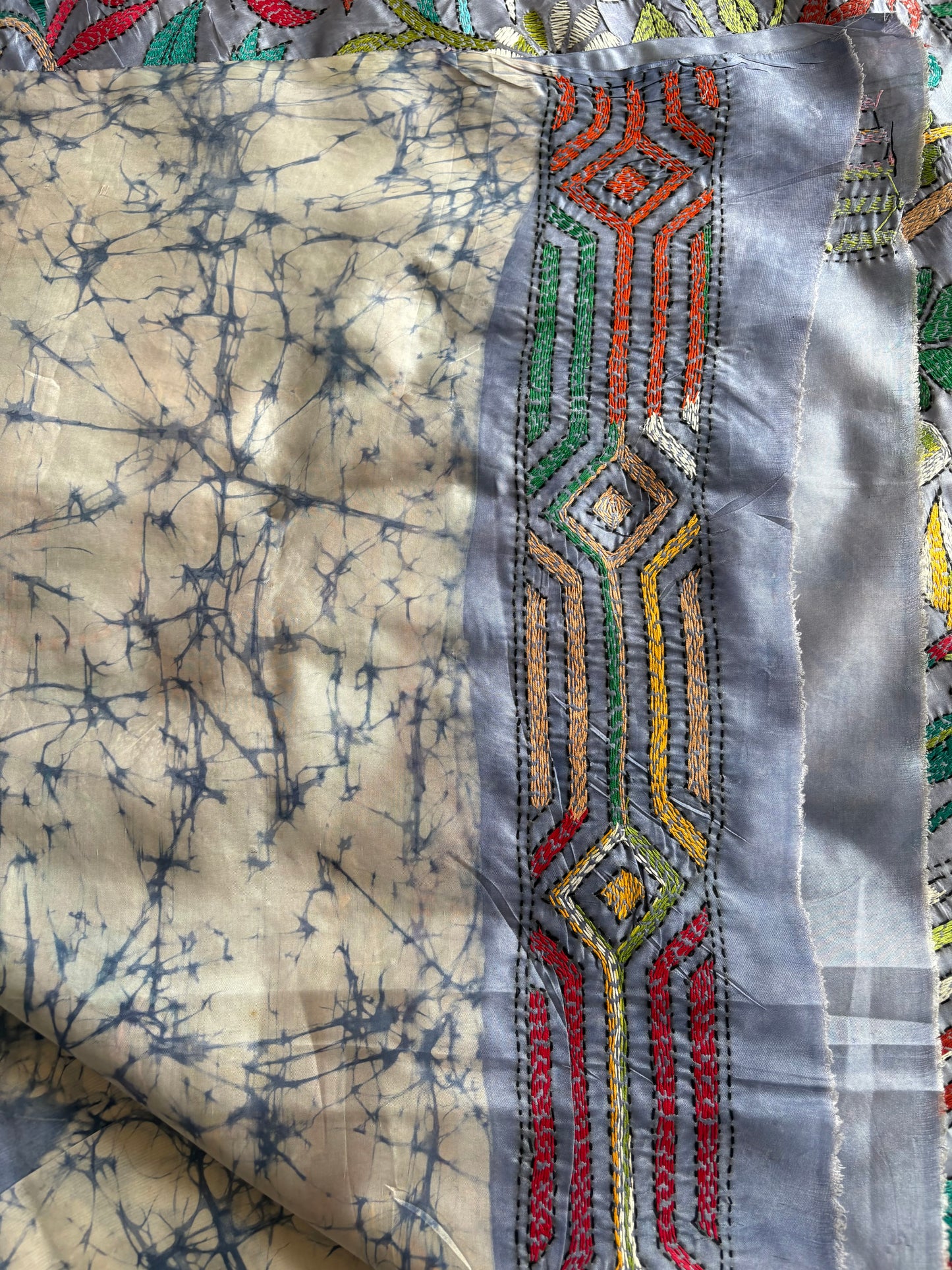 Kantha Hand Embroidered Hand Batik Art Silk Saree With Blouse
