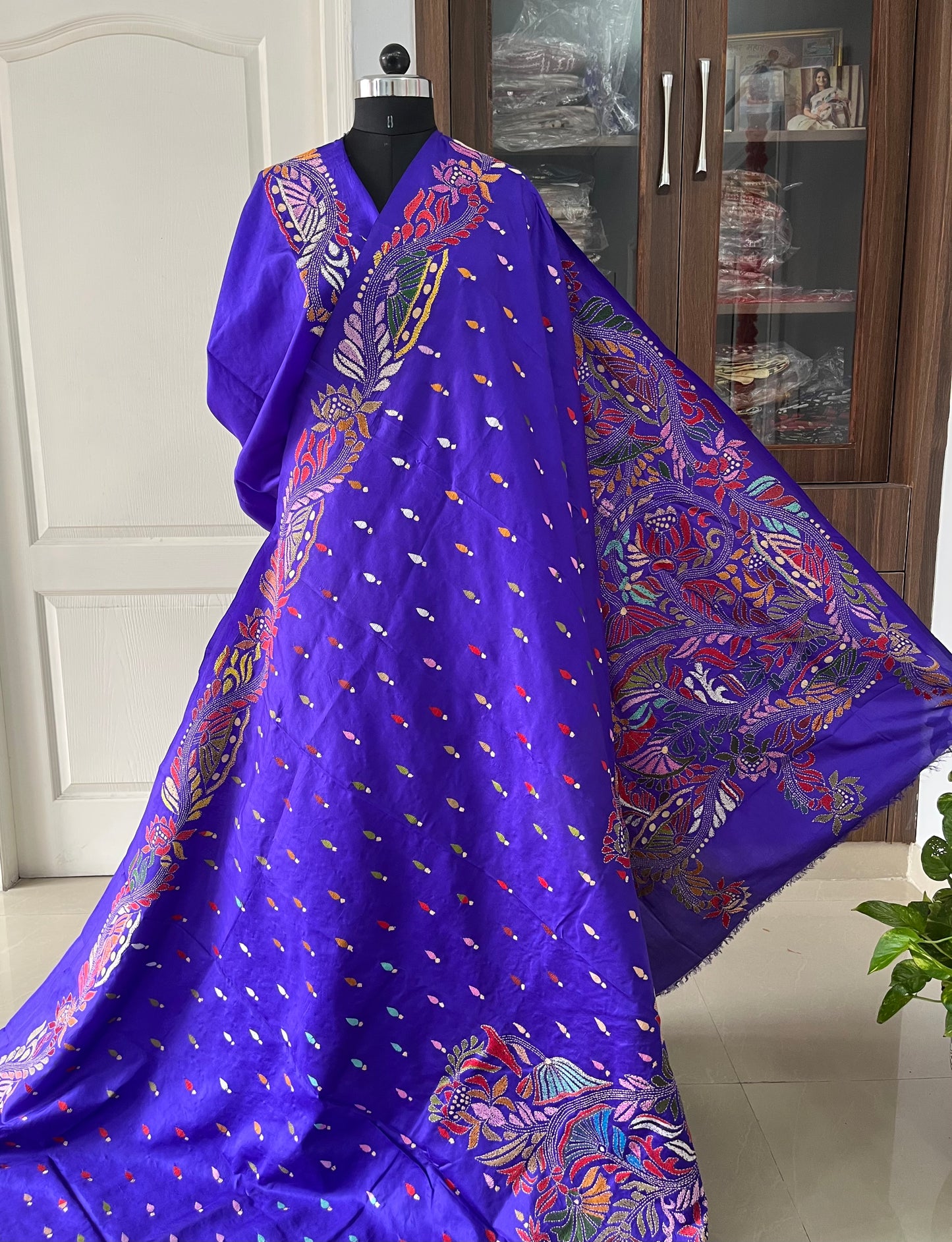 Blue Kantha Stitch Hand Embroidered Pure Banglore Silk Saree