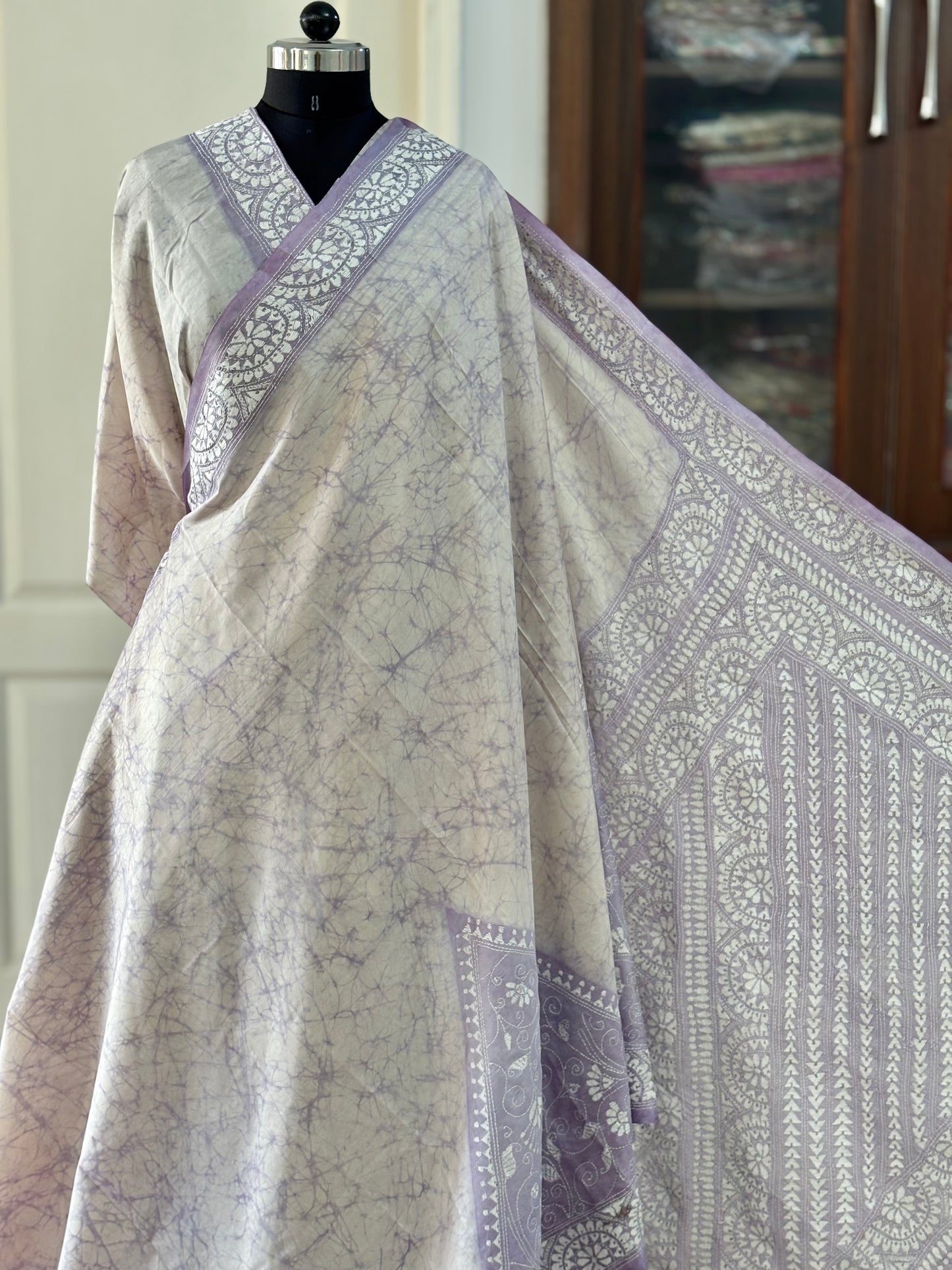 Hand Embroidered Kantha Stitch Saree in Artificial Silk