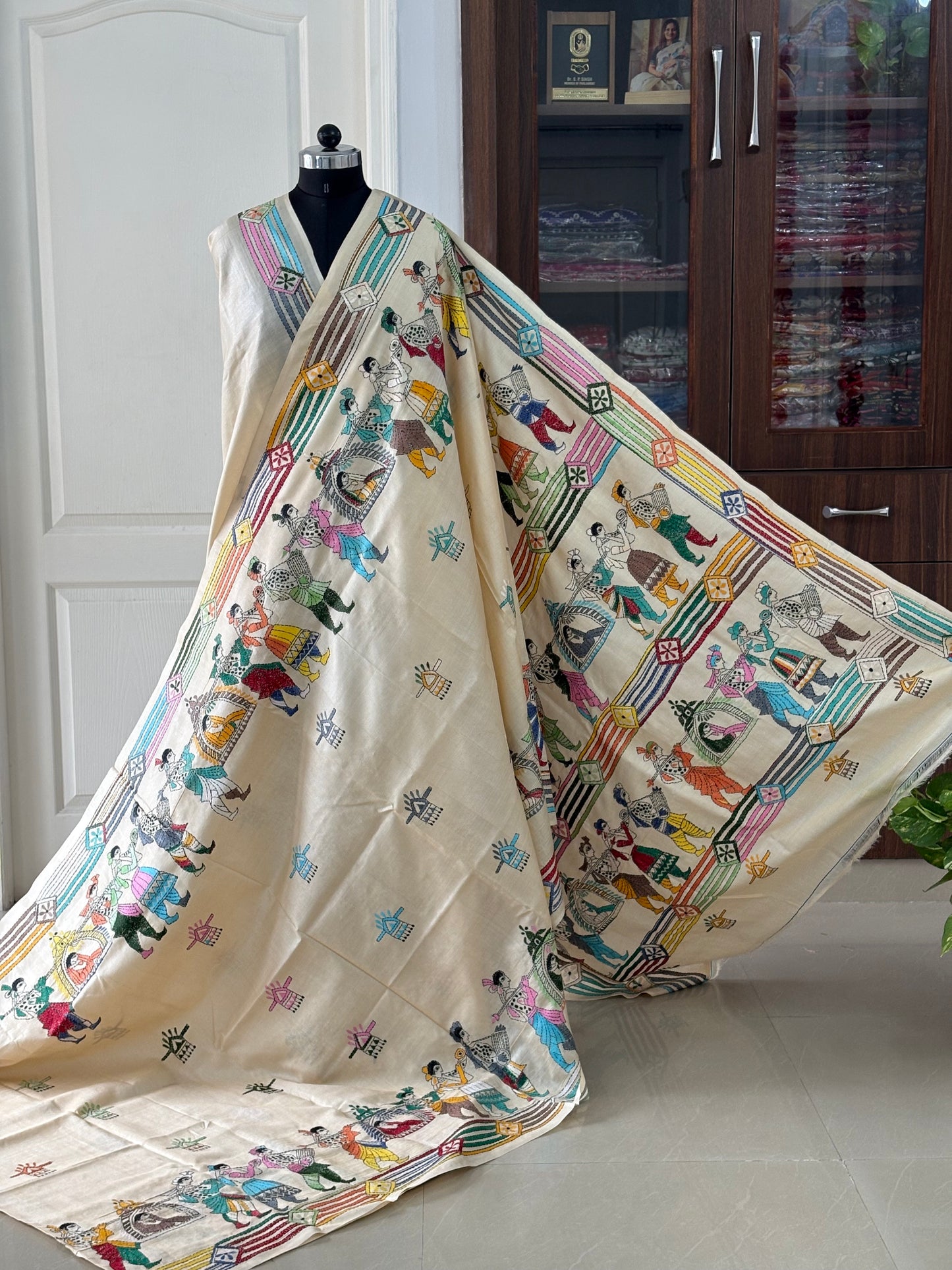 Kantha Hand Embroidered Pure Tussar Silk Saree