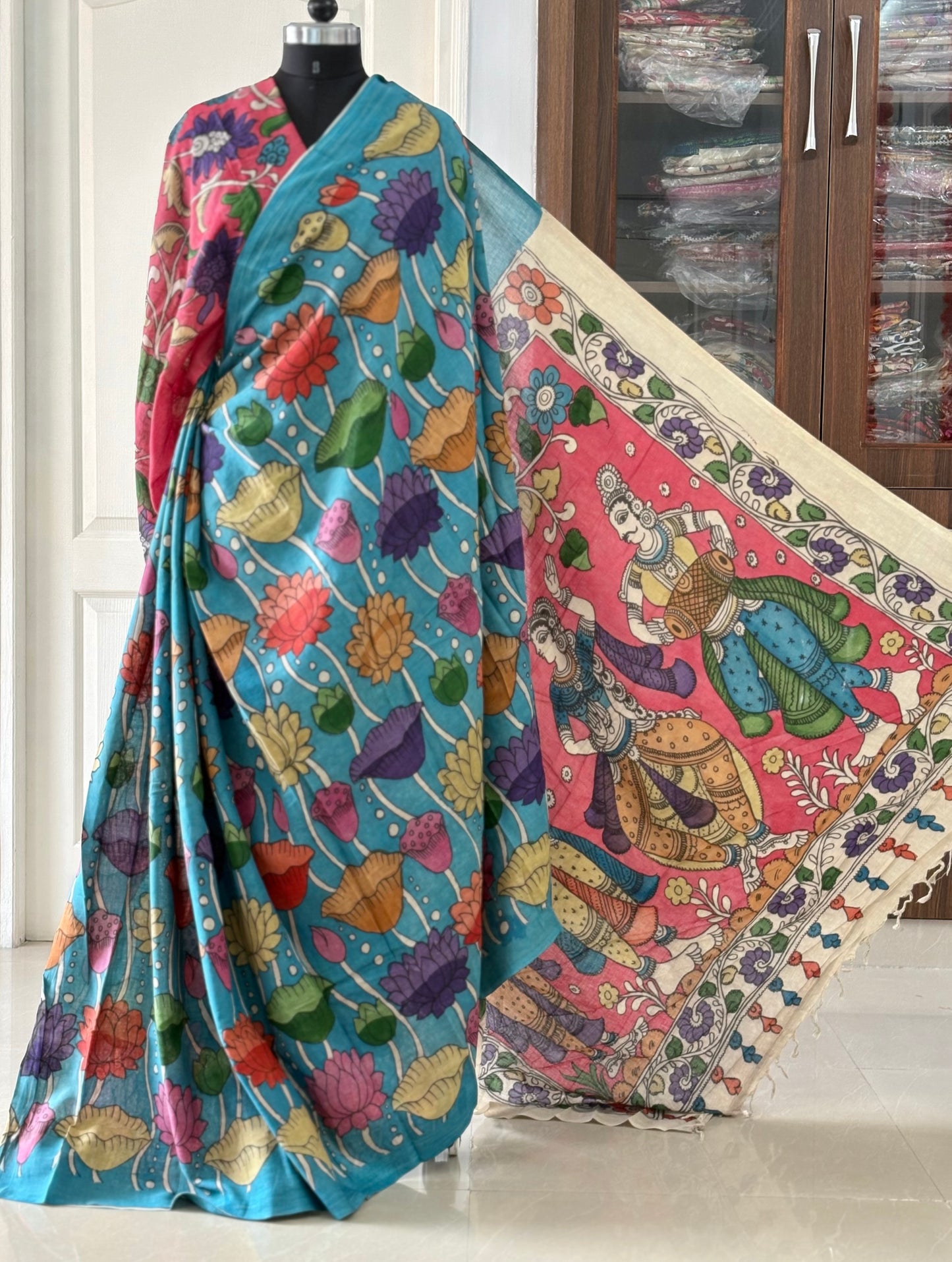 Pen Kalamkari hand painted pure cotton Saree with blouse