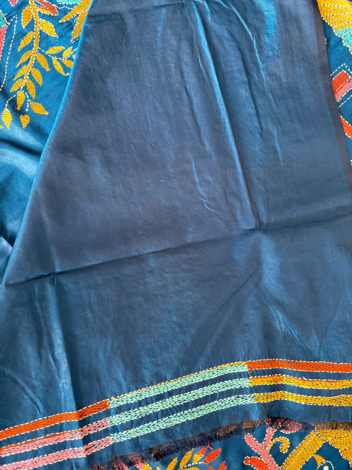 Kantha Stitch Hand Embroidered Art Silk Saree With Blouse