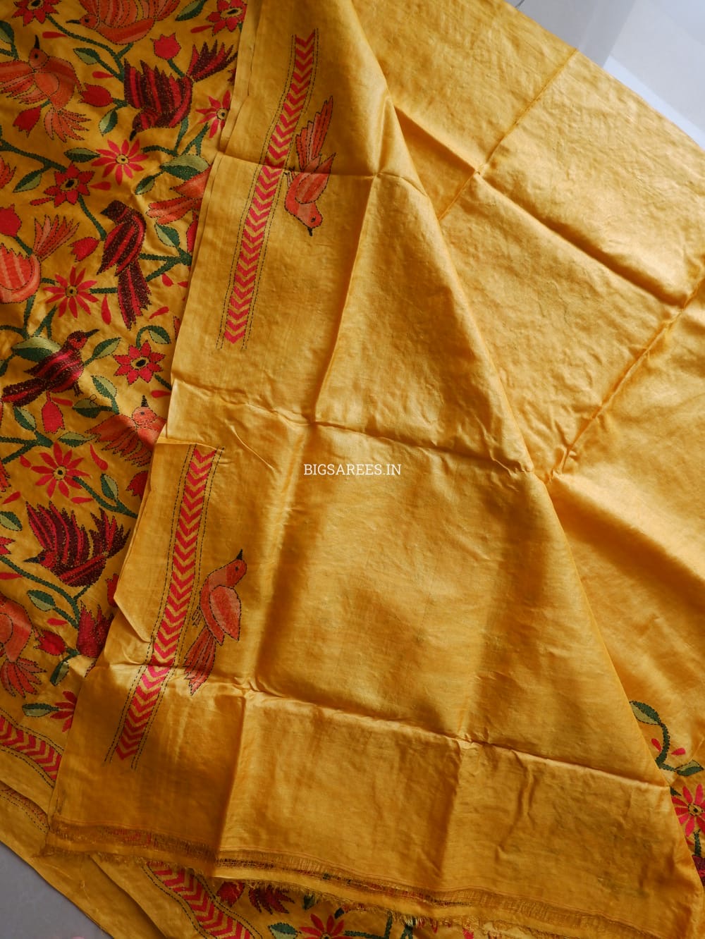 Kantha Stitch Hand Embroidered Saree | Pure Tussar Silk | Silk Mark Certified | Orange
