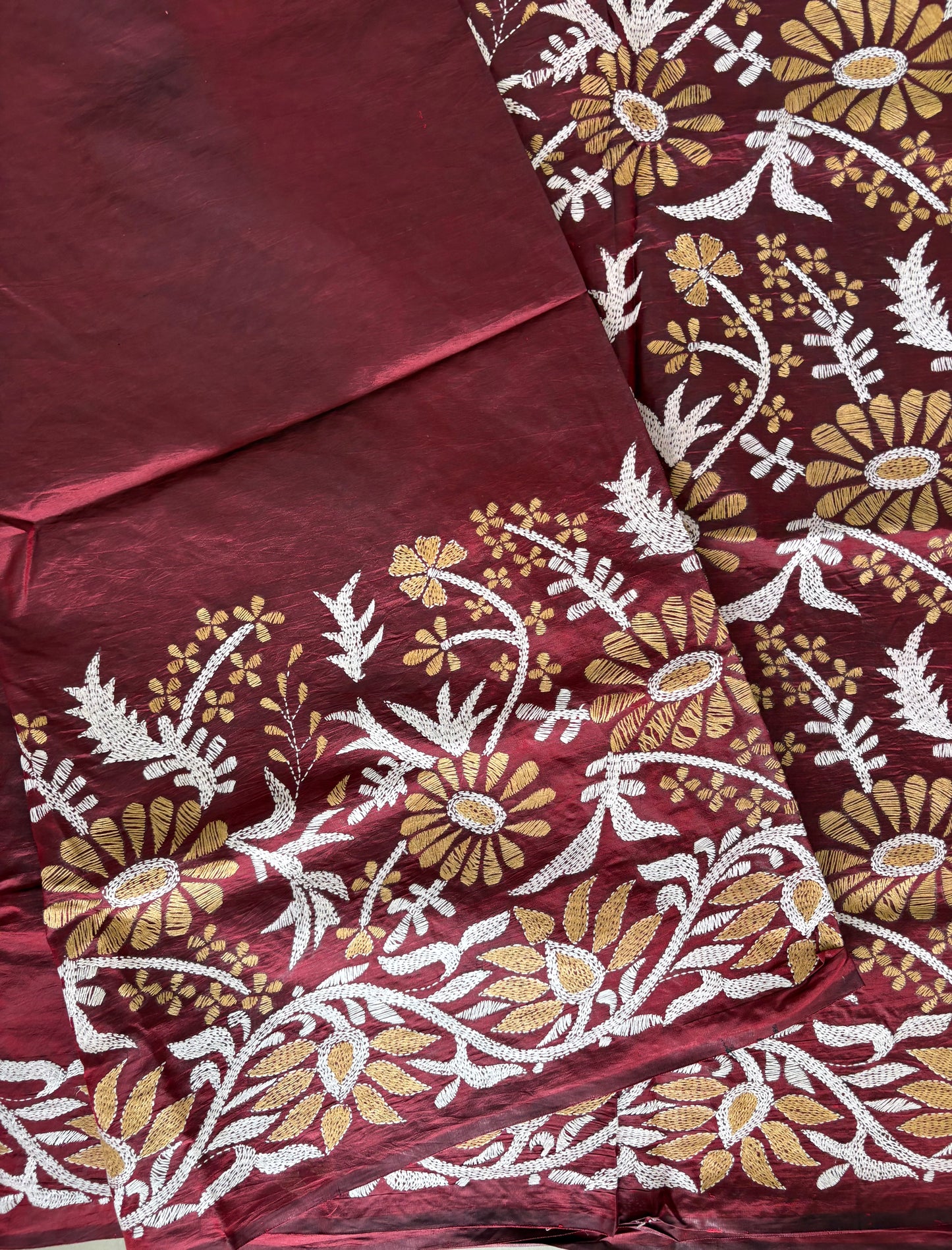 Maroon Kantha Stitch Hand Embroidered Pure Banglore Silk Saree