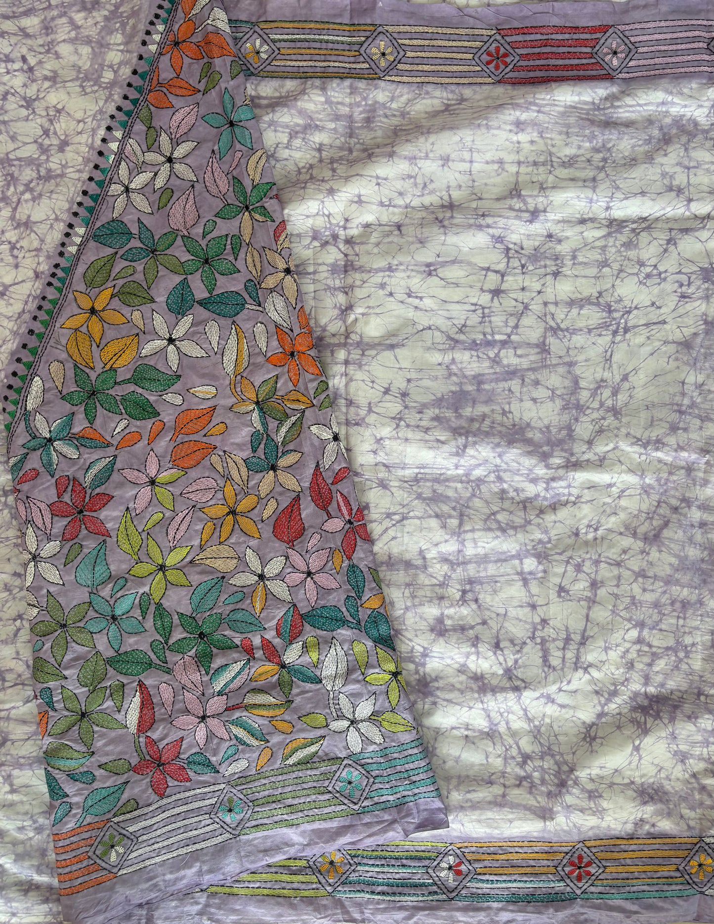Kantha Hand Embroidered Hand Batik Art Silk Saree With Blouse