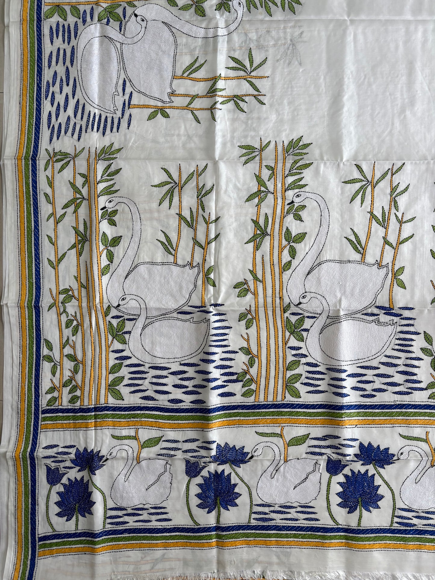 Off white Kantha stitch Saree in blended Bangalore Silk / Art Silk