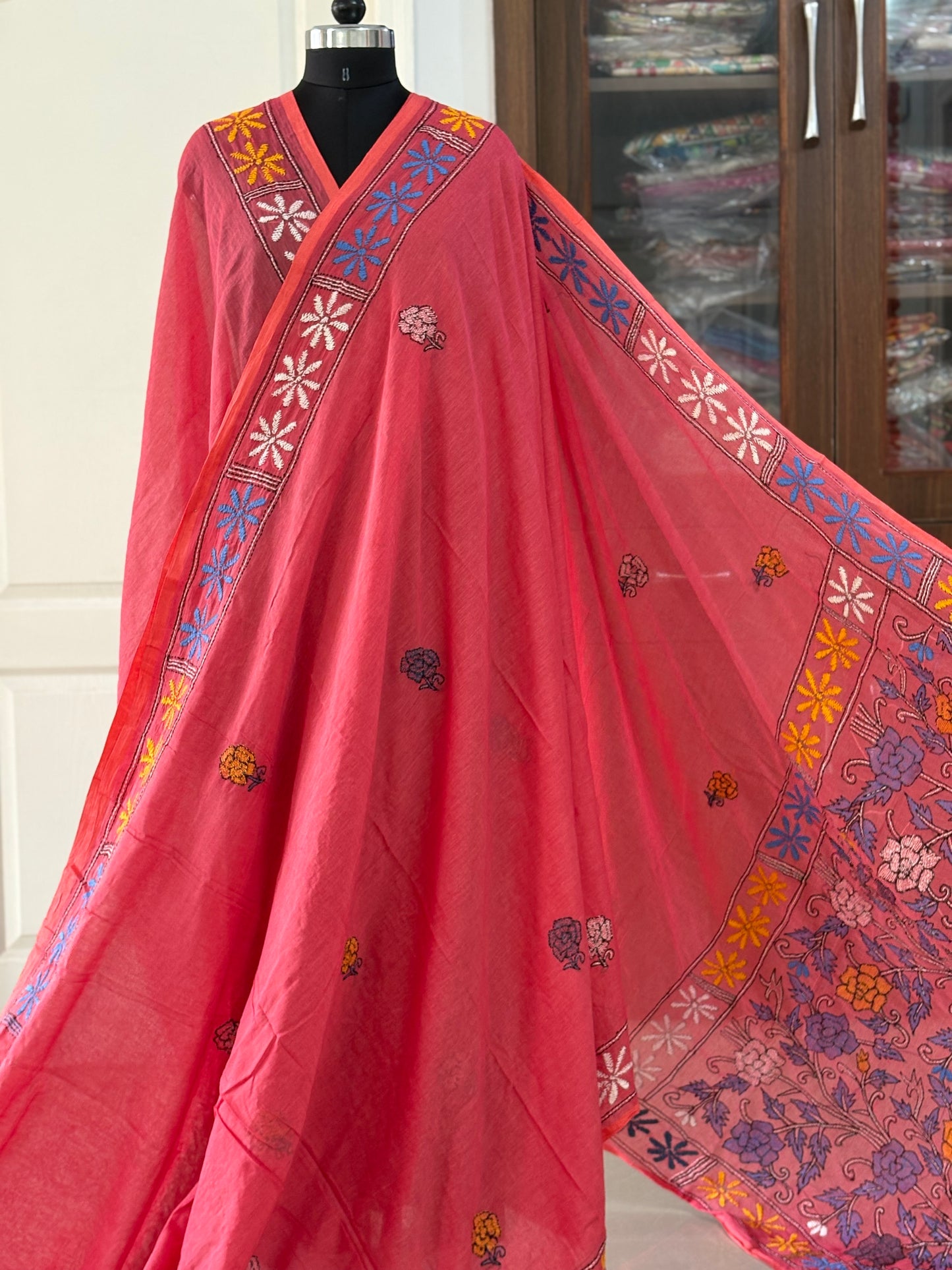 Kantha stitch Hand Embroidered Pure mul Cotton Saree