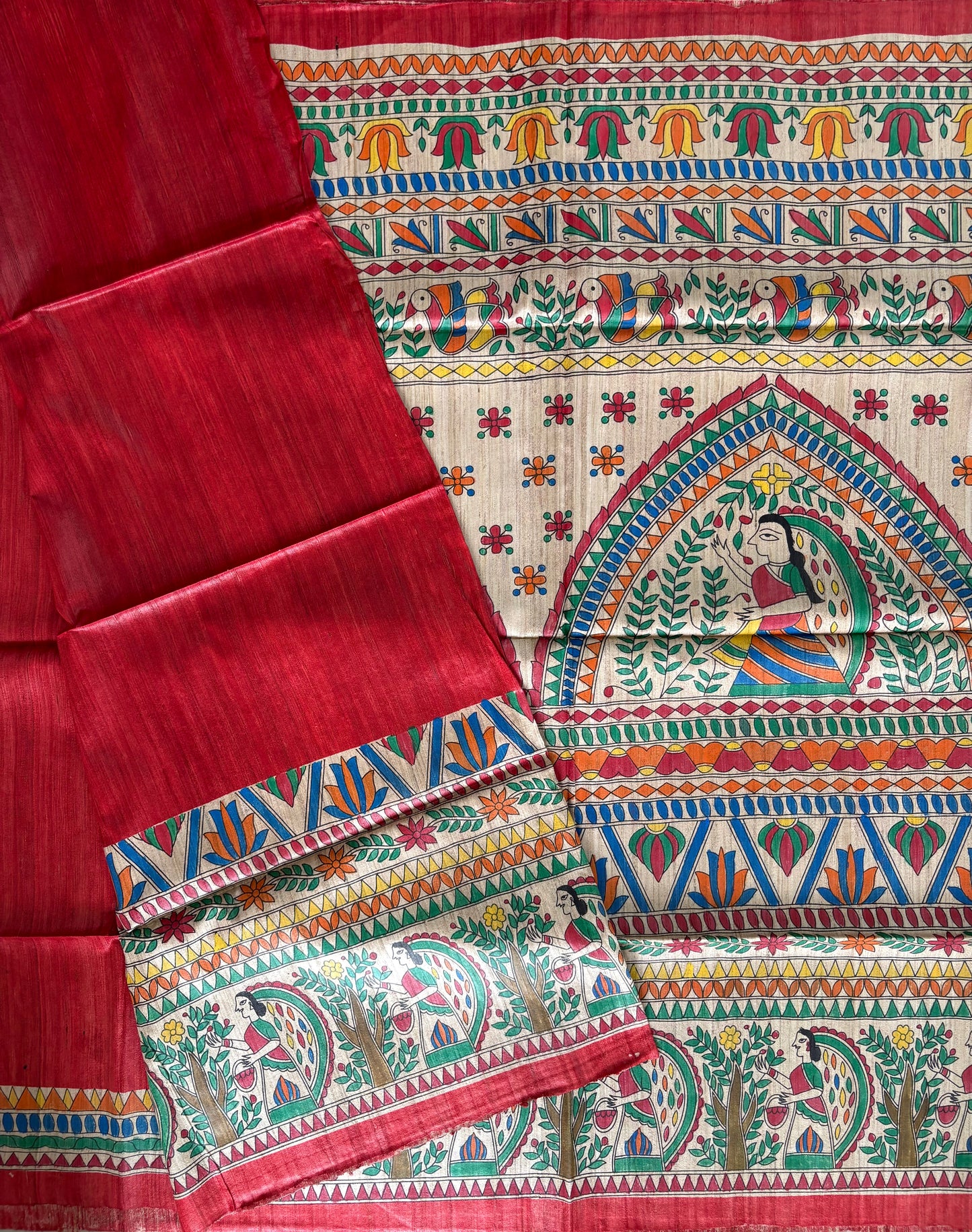 Pure Tussar Ghicha Silk Handcrafted Madhubani Half Saree (Silk Marked)