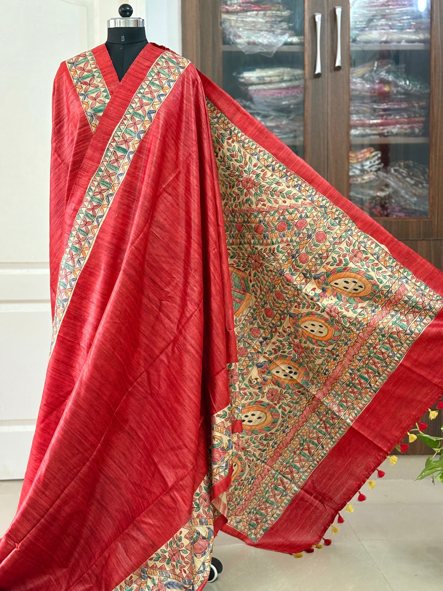 Pure Tussar Ghicha Silk Handcrafted Madhubani Saree (Silk Marked)