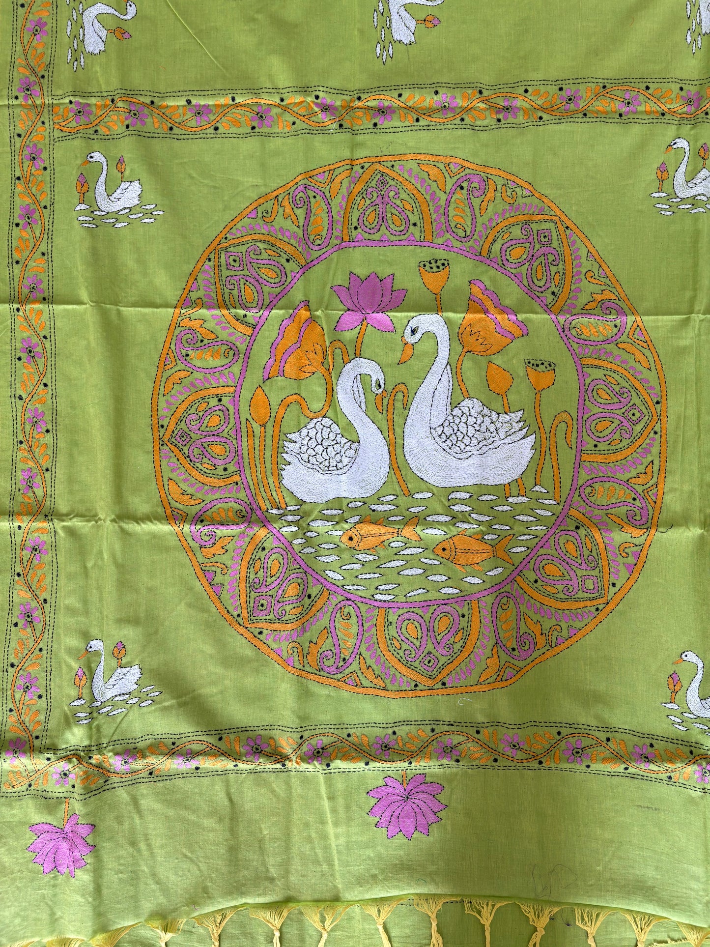 Kantha stitch Khadi Cotton Saree - Green