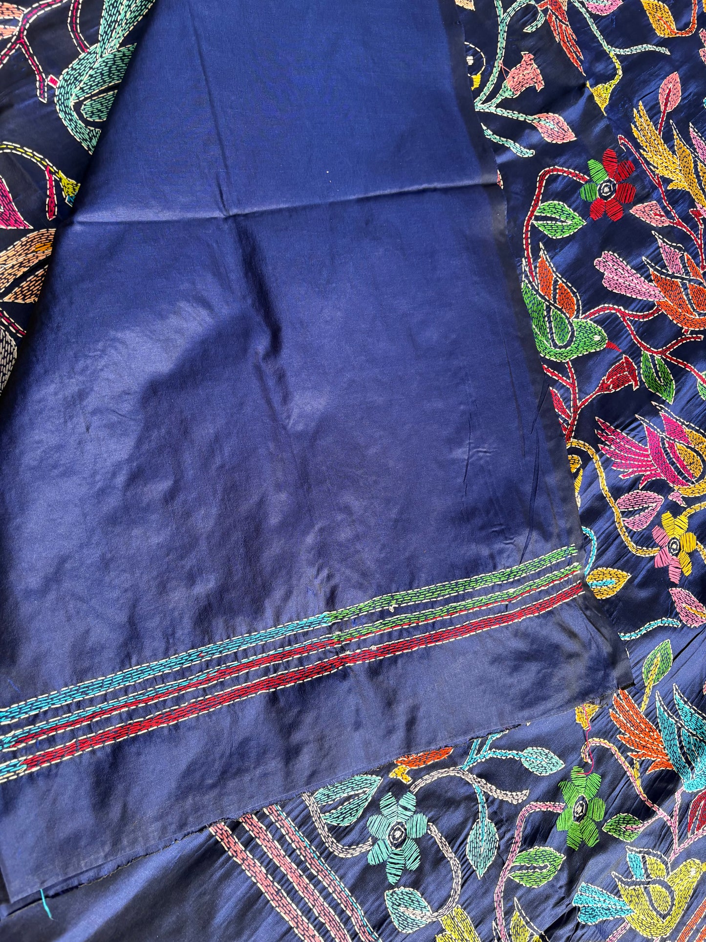 Kantha Hand Embroidered Blended Banglore Silk/Art Silk Saree With Blouse