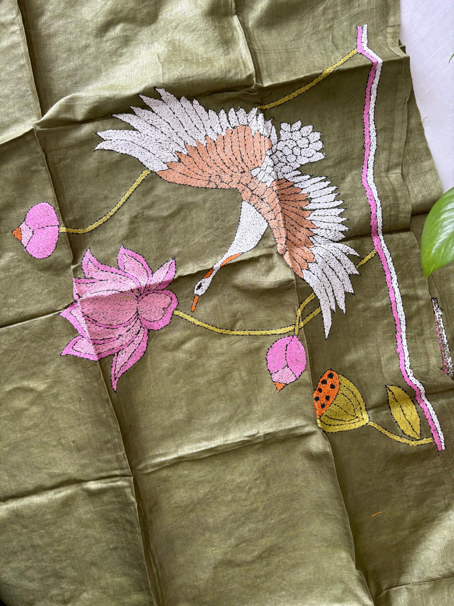 Kantha Stitch Pure Tassar Silk Blouse Piece - olive green