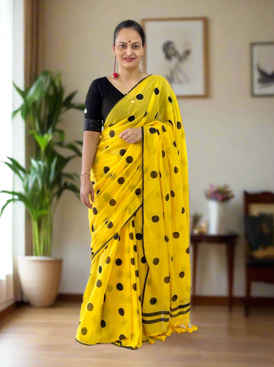 Mul Cotton polka dots Saree - Yellow