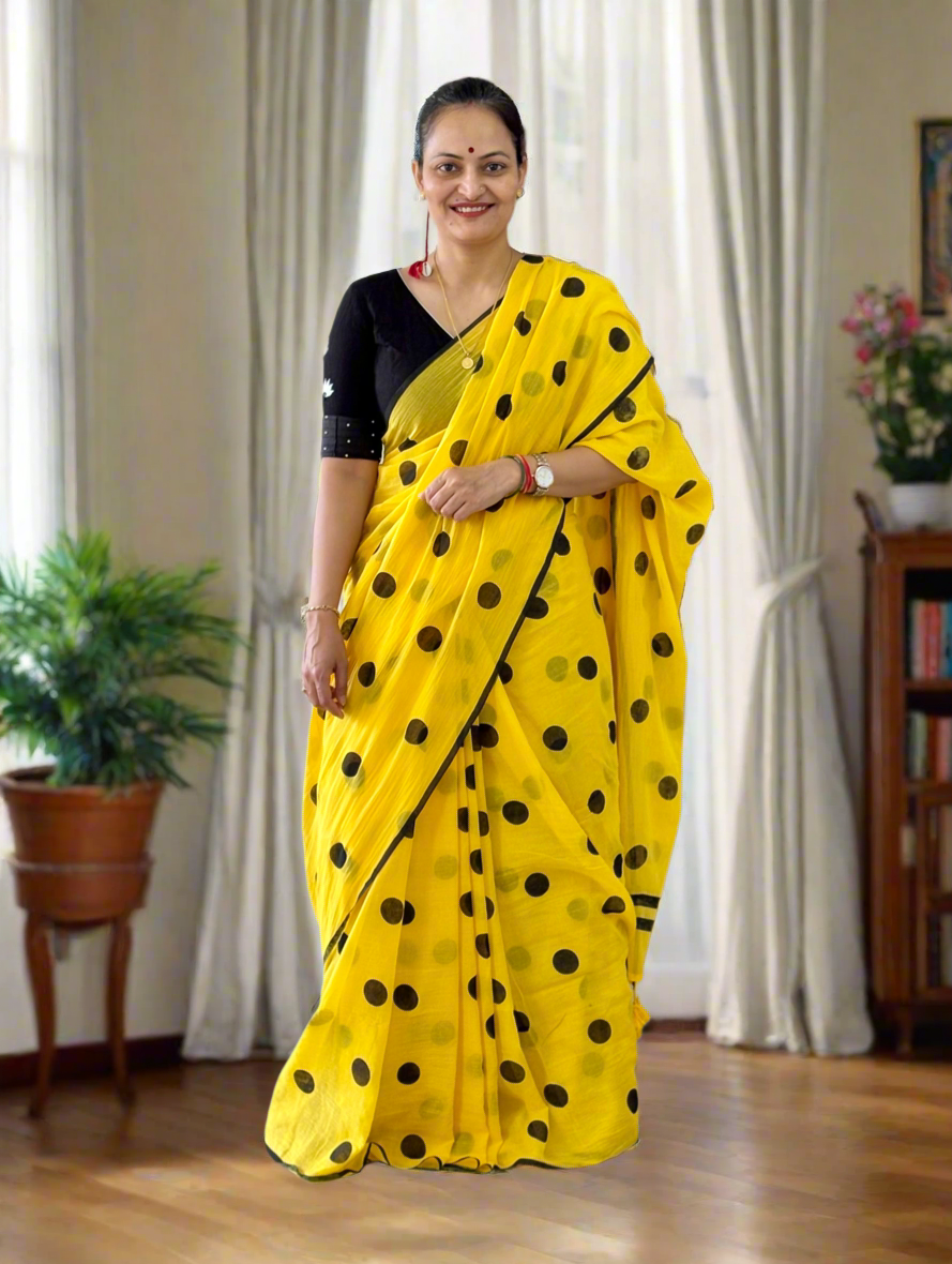 Mul Cotton polka dots Saree - Yellow
