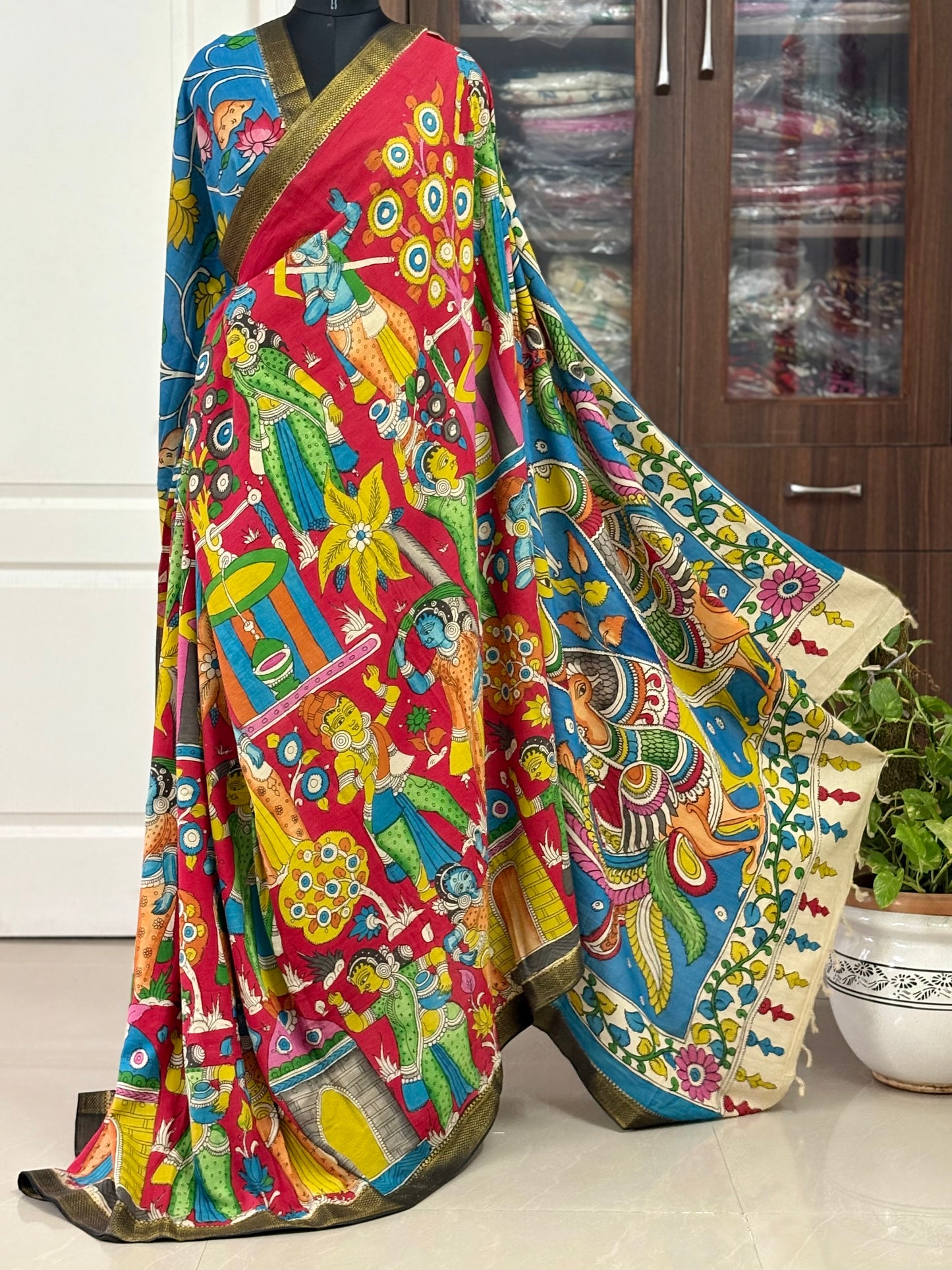 Pen Kalamkari hand painted pure cotton Saree with blouse