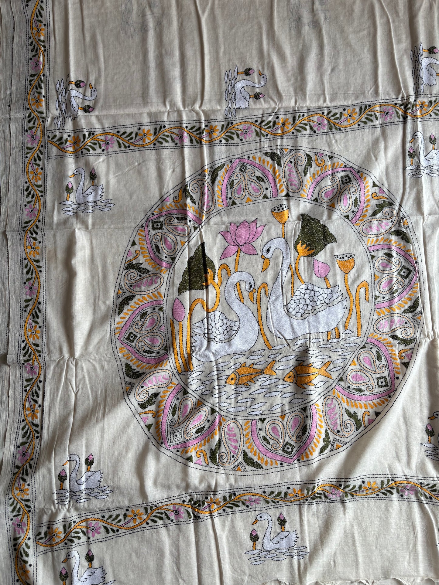 Kantha Khadi Cotton Saree - off white