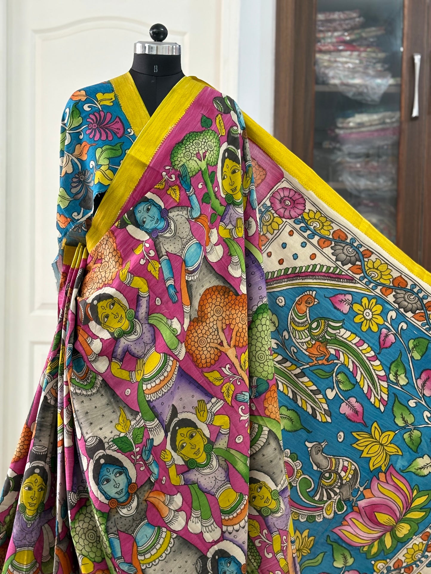 Pen Kalamkari hand painted pure cotton Saree with blouse