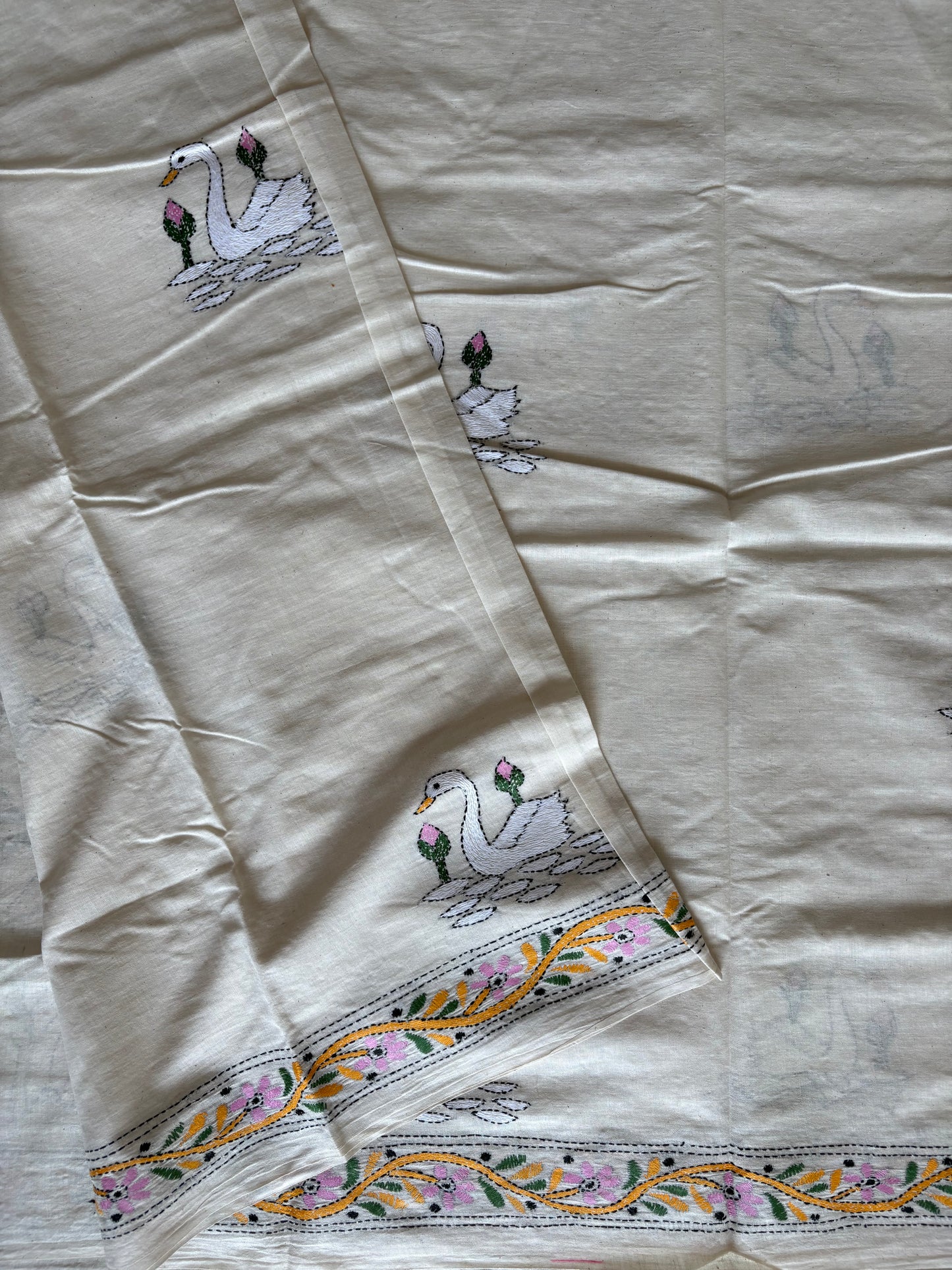 Kantha Khadi Cotton Saree - off white