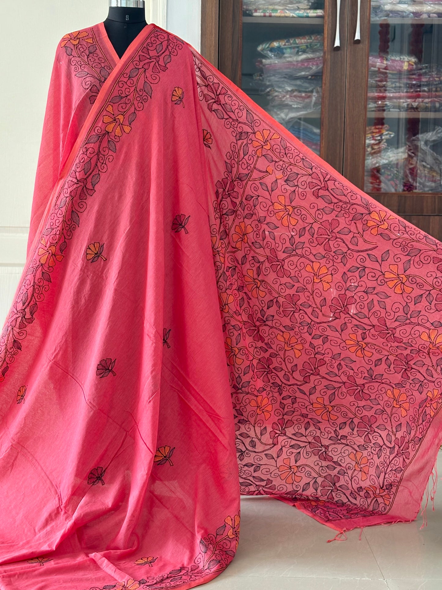 Kantha stitch Hand Embroidered Pure mul Cotton Saree