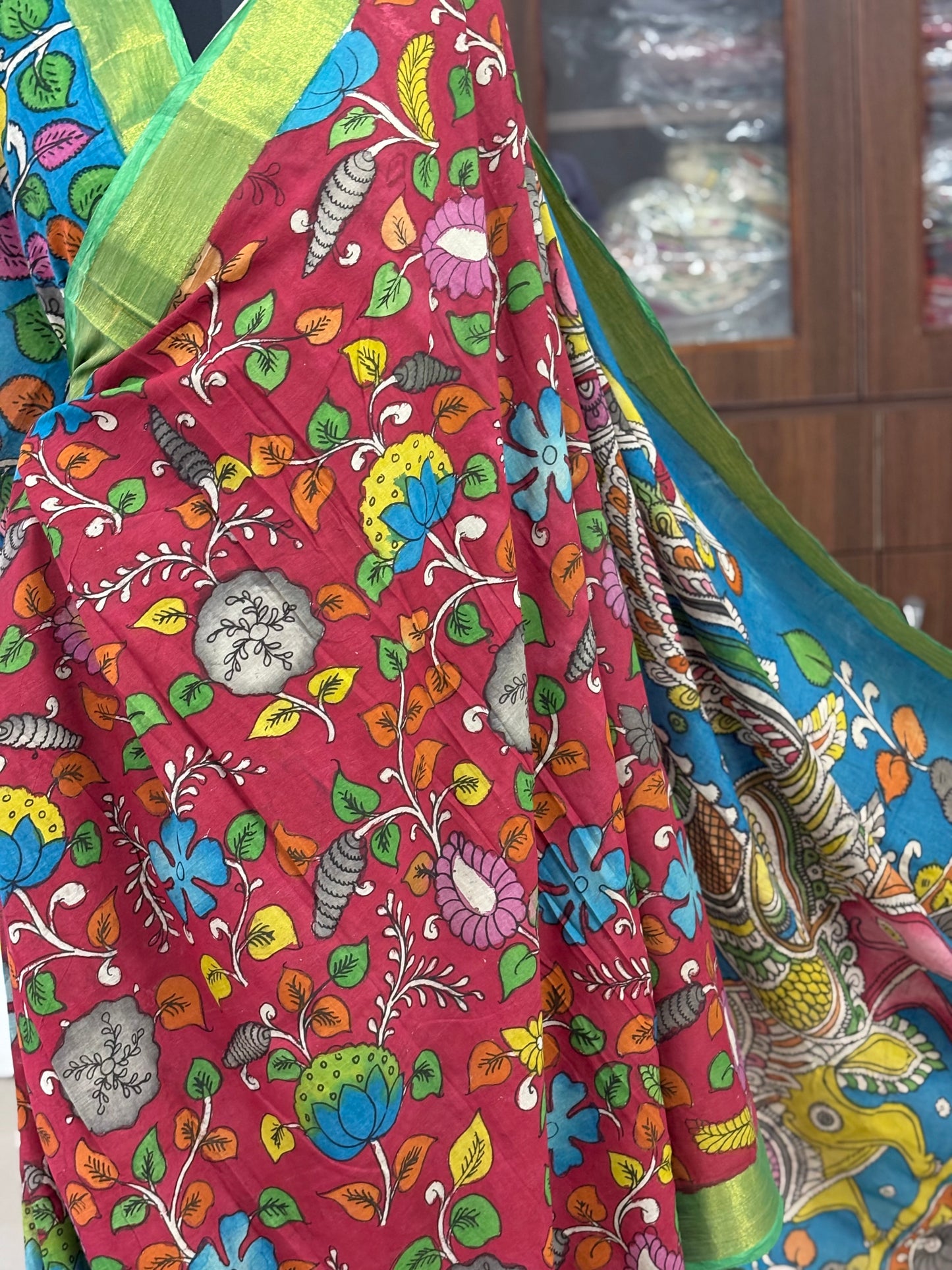 Pen Kalamkari hand painted pure cotton Saree with blouse