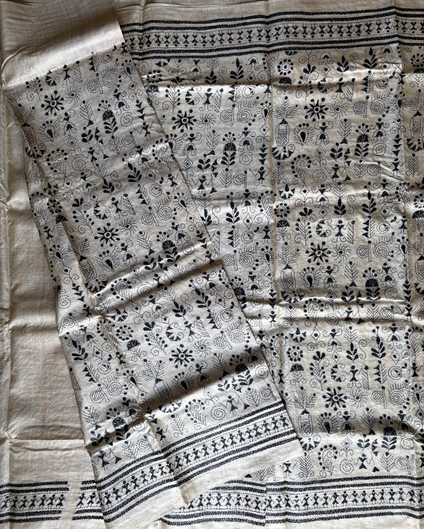 Kantha Stitch Hand Embroidered Pure Gachi Tussar Silk Saree (Silk Marked)