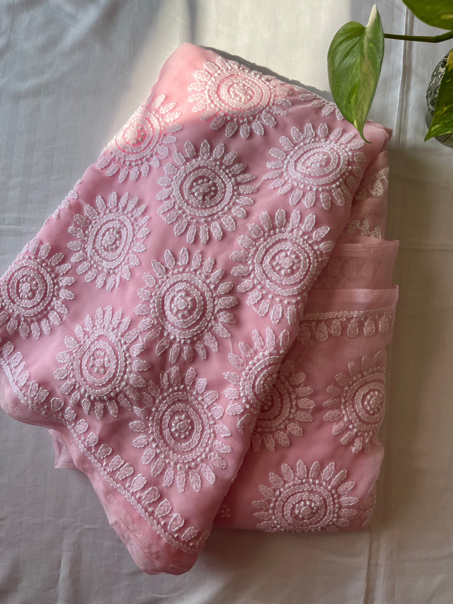Light Pink Georgette Chikankari Work Hand Embroidered Saree