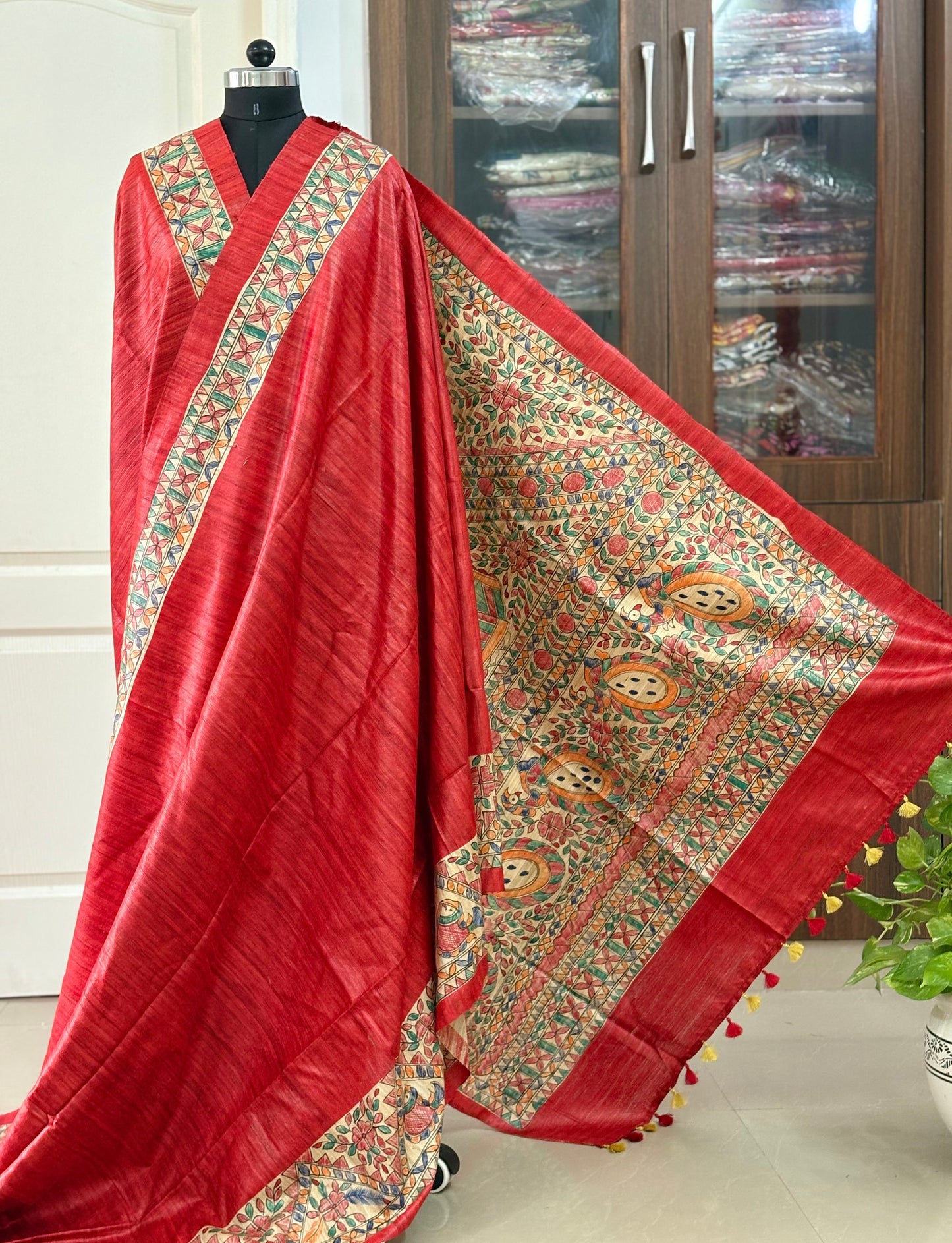 Pure Tussar Ghicha Silk Handcrafted Madhubani Saree (Silk Marked)