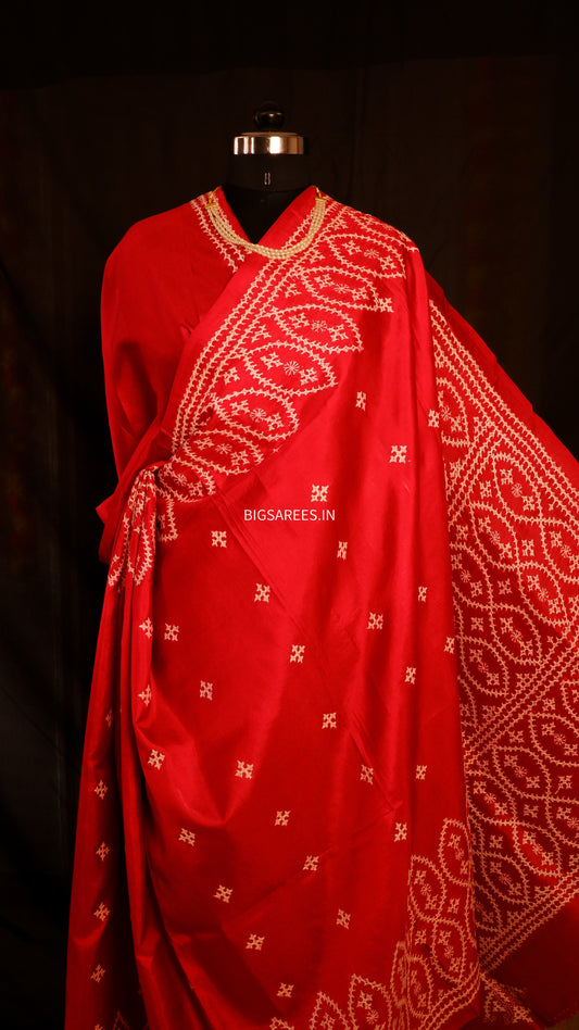 Gujrati/Kutchi Work Hand Embroidered Pure Banglore Silk Saree-red
